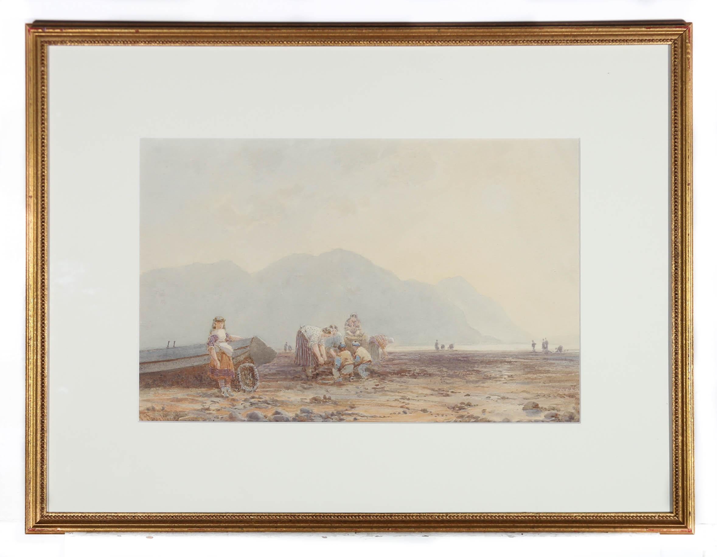 A delightful watercolour by landscape painter James Whaite (fl.1876-1896), depicting cockle pickers on a large North Wales beach. Signed to the lower left-hand corner. Well presented in an elegant gilt-effect frame with bead course. On watercolour