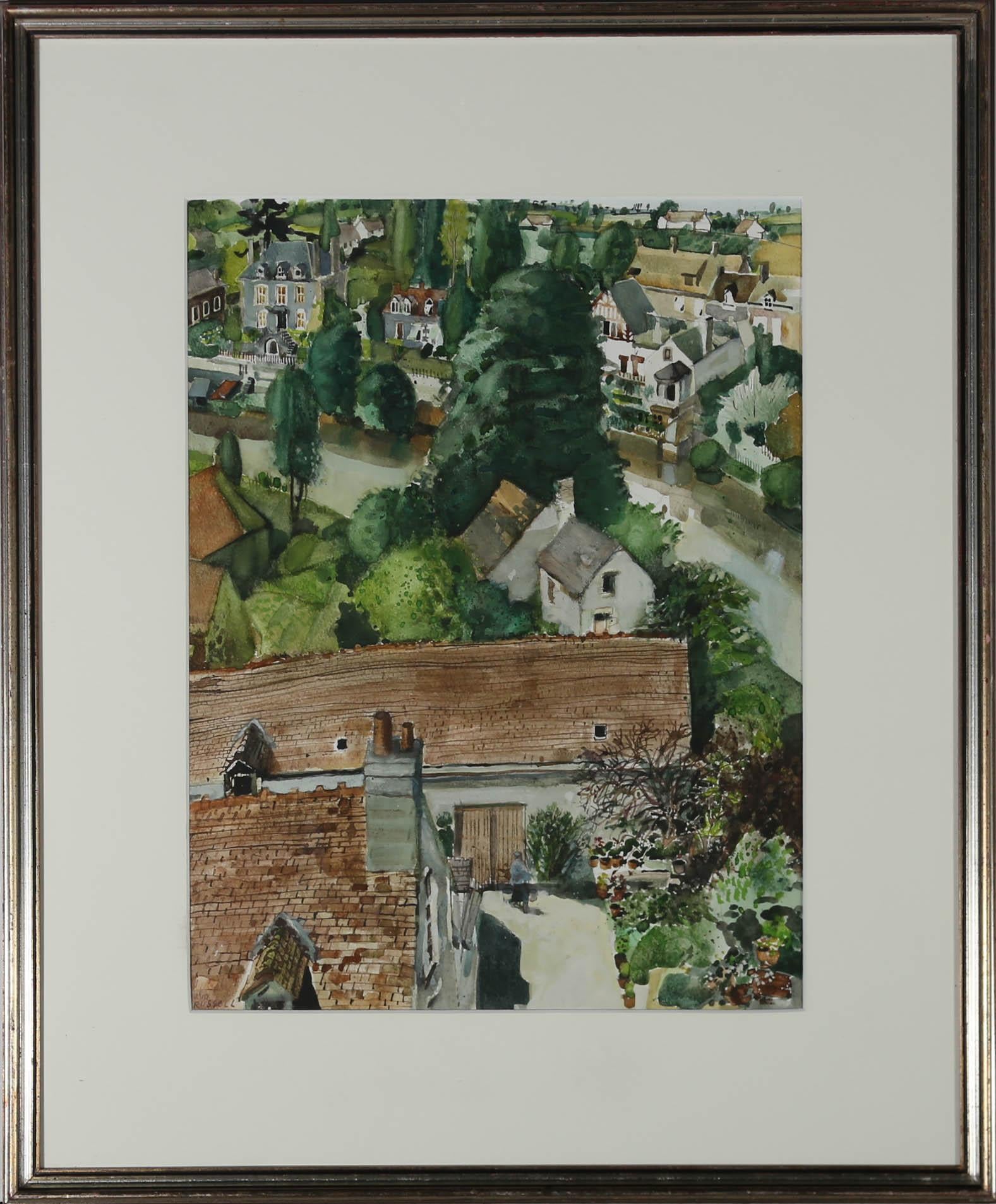 A delightful aerial view of Fresnay Sur Sarthe a commune in France. The artist captures the suburban landscape in delicate watercolour, including charming details such as a man gardening and flowerpots. Signed to the lower left. Presented in a gilt