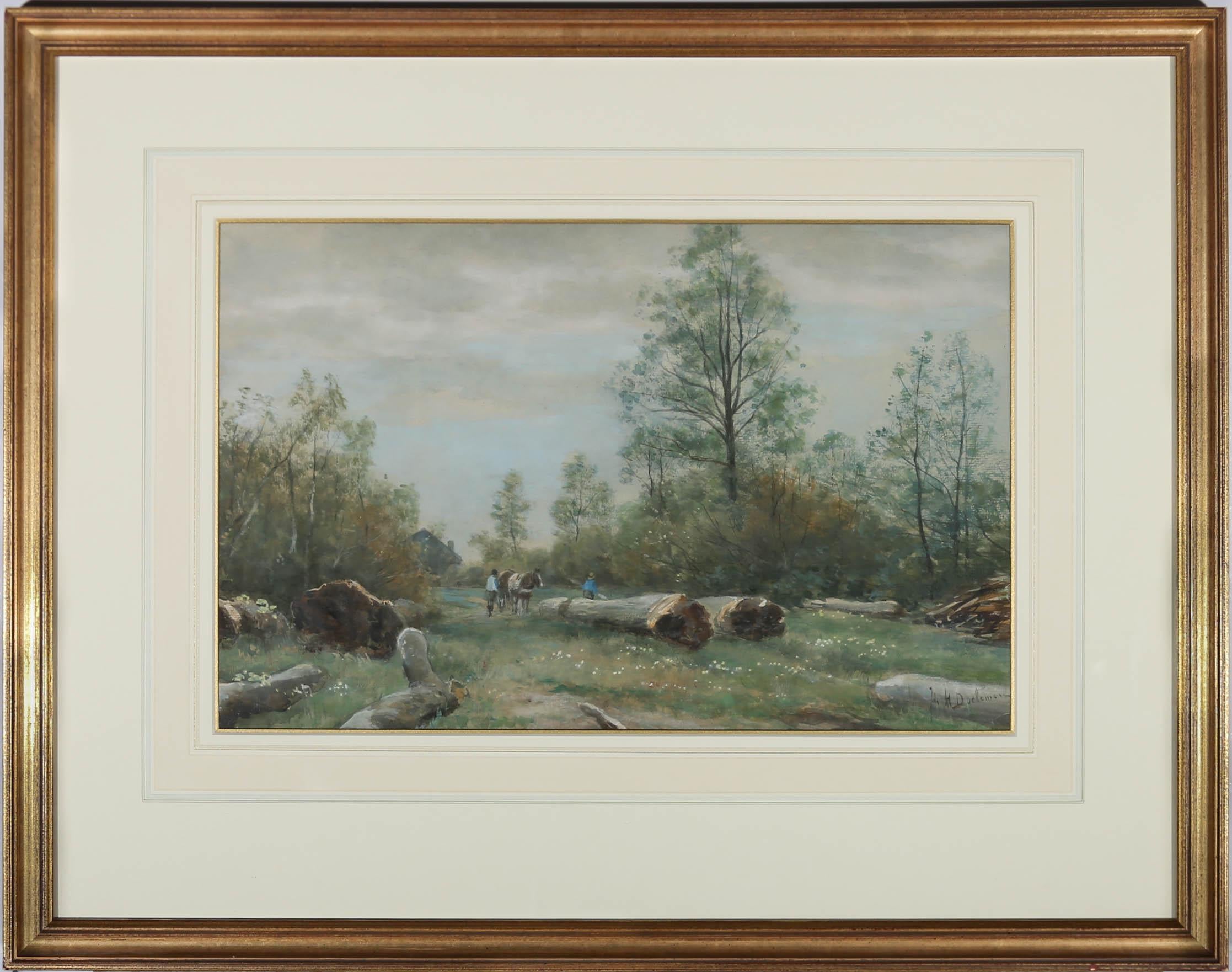 A fine rural watercolour showing men hard at work in a clearing, preparing to turn heavy trunks into timber for raw material. The painting is signed by the artist to the lower right. Elegantly presented in a wash-line mount and contemporary gilt