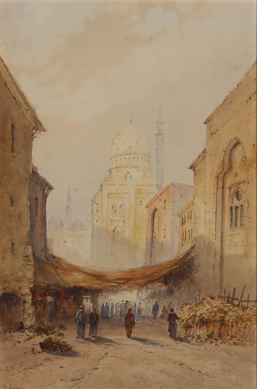 A fine watercolour scene by Italian artist Frank Catano (fl.1880-1920), depicting the bustling streets of Cairo with a grand mosque in the background. Signed to the lower left-hand corner. The painting has been immaculately presented in a