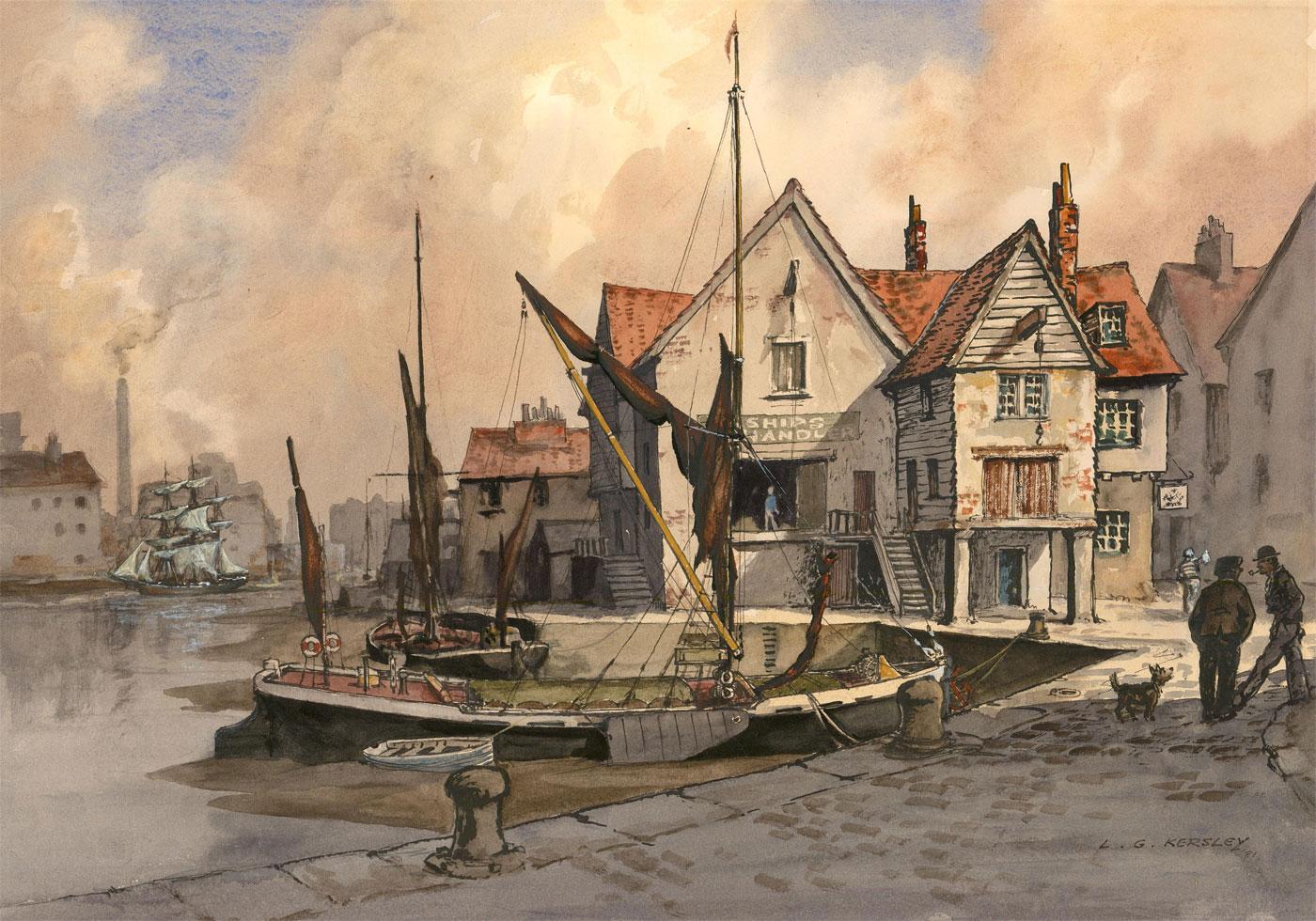 Leonard G. Kersley (b.1911) - 1981 Watercolour, Old Time Wharves For Sale 2