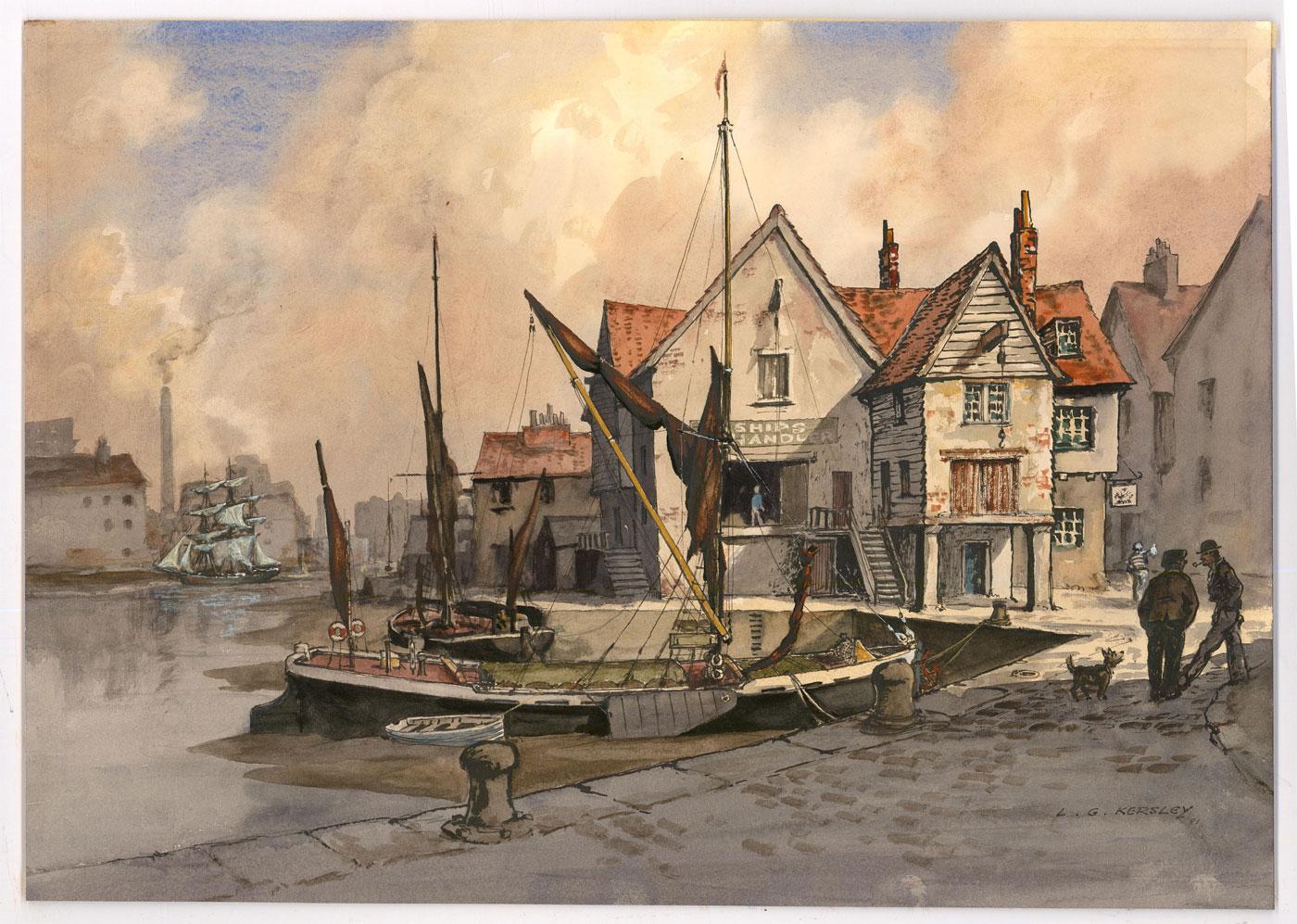 An excellent watercolour study depicting an early 20th-century harbour with sailing boats and crooked houses. Inscribed with the location on the reverse. With the artist's stamp to the reverse. Signed, dated and inscribed to the lower right corner.