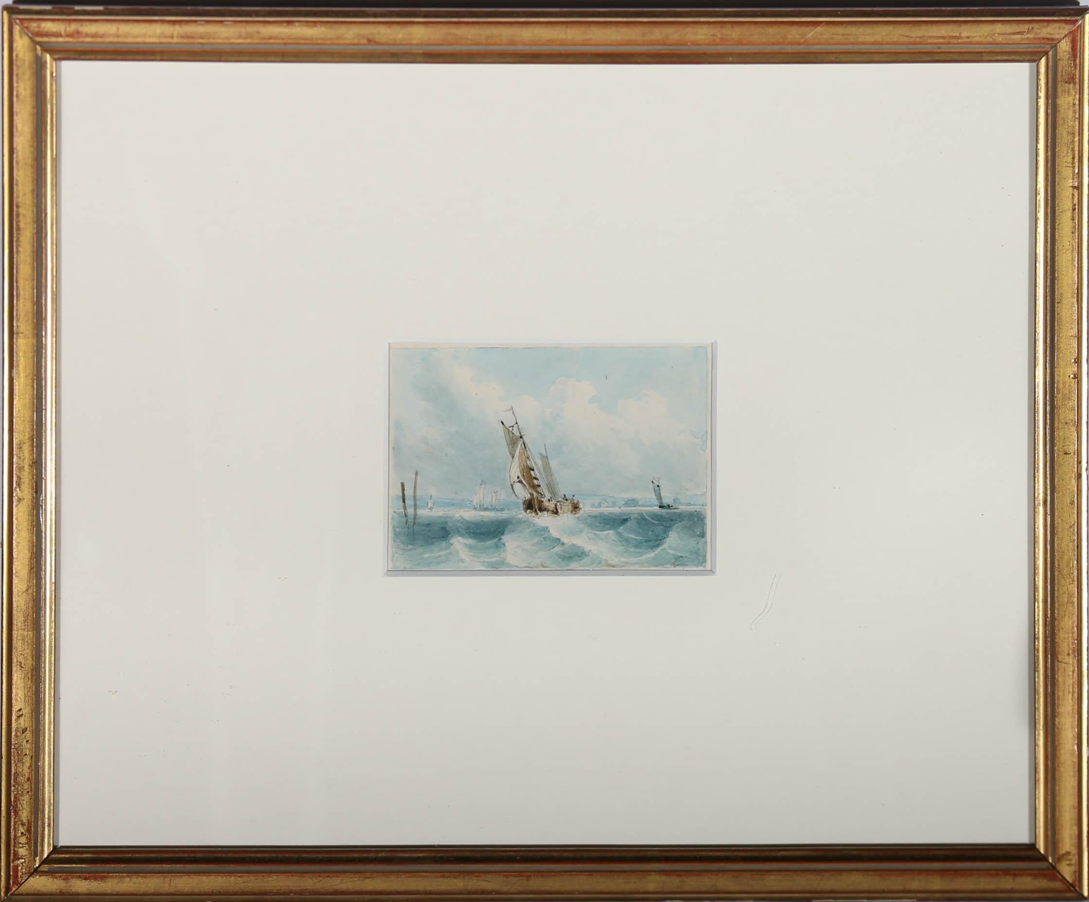 A fine watercolour by french painter Frederic Bourgeois de Mercey (1805-1860), depicting a choppy maritime scene off the coast of Hurst castle, Lymington. Caught in blustery weather, several white ships can be seen battling sea waves in the