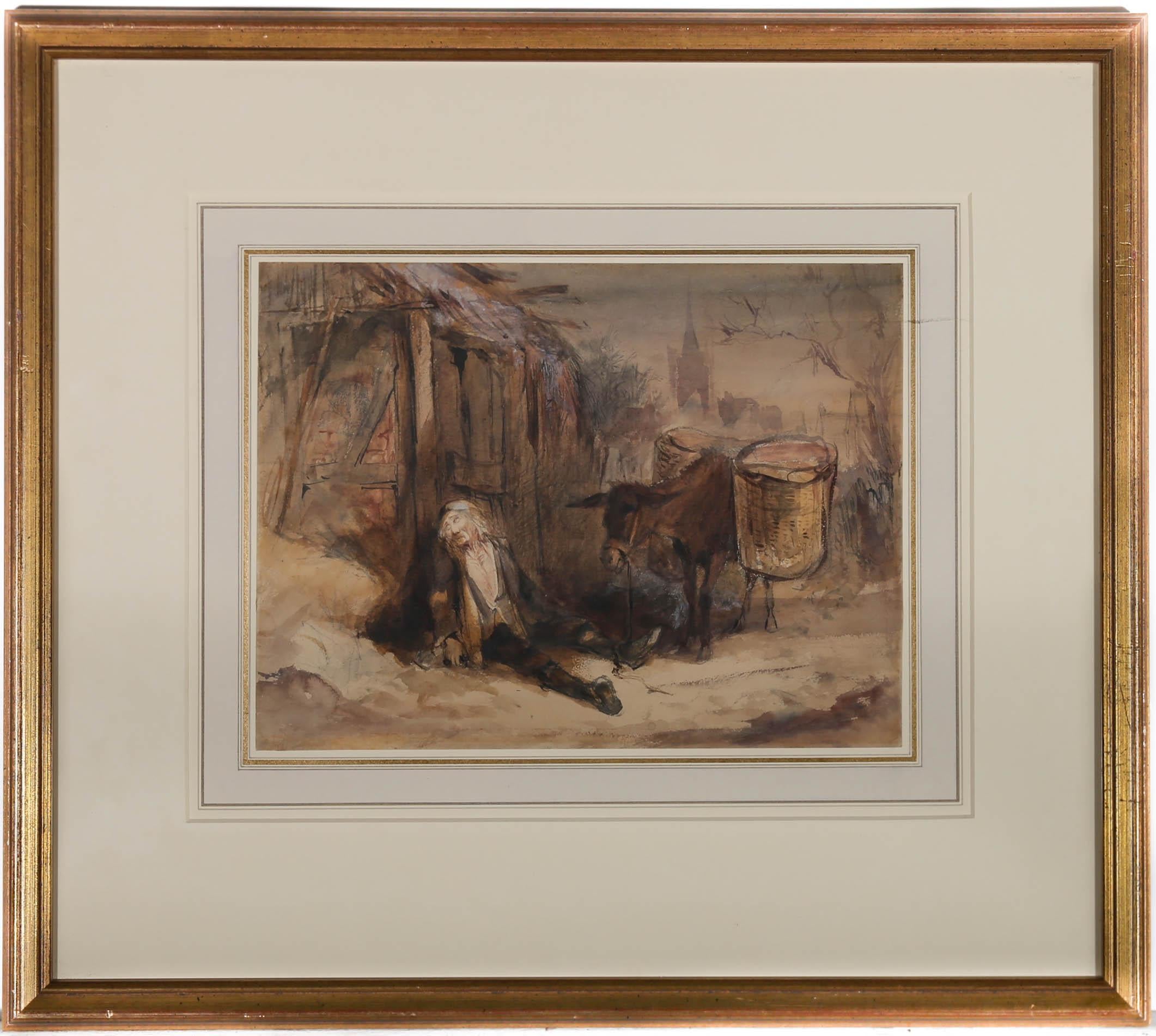 Napping before the Journey home- This charming genre scene by George Cattermole RWS (1800-1868), depicts a frail man having a quiet Siesta in the street, with his dutiful donkey standing watch. This particular figure has been noted in another of