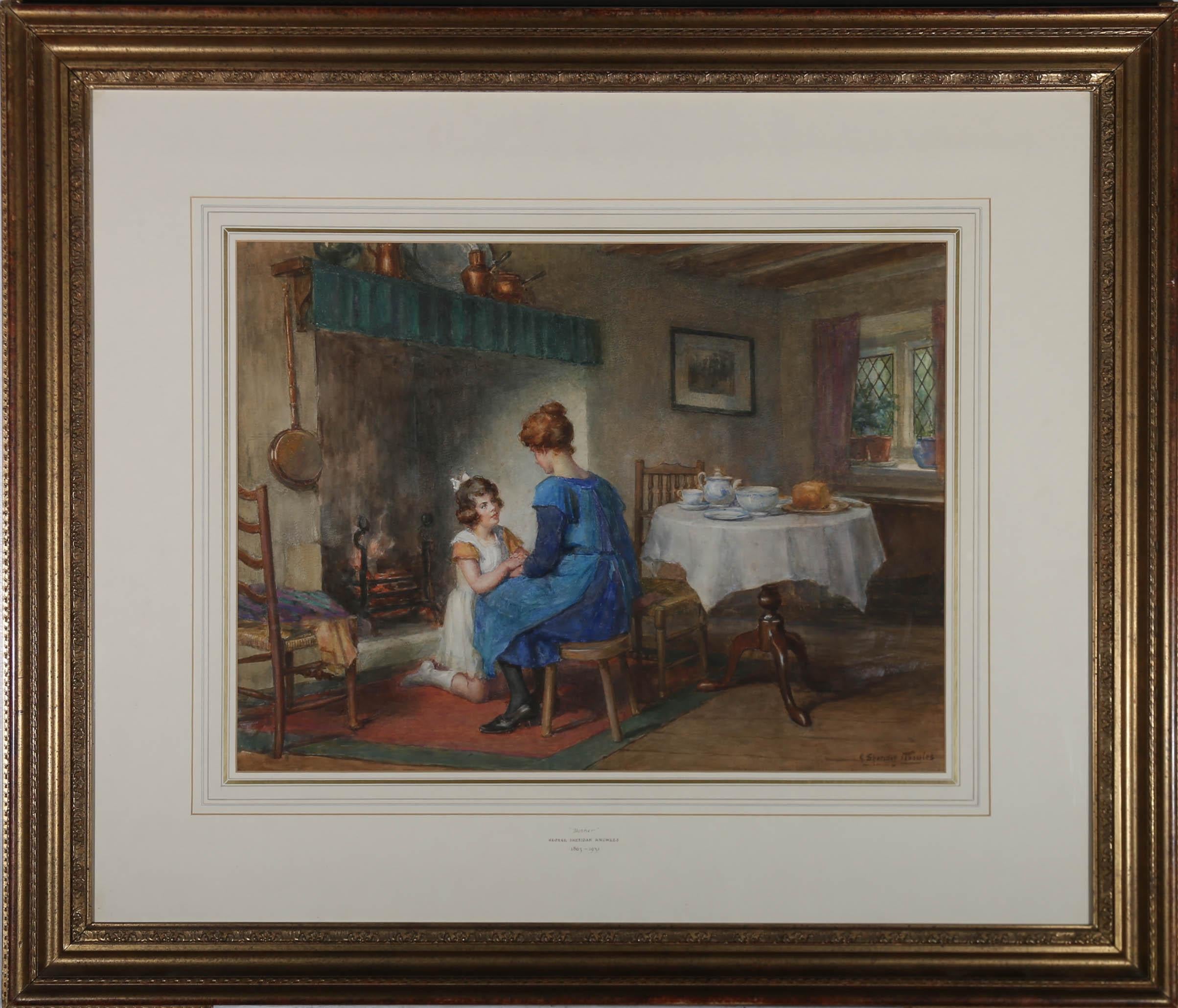 A fine watercolour scene by genre artist George Sheridan Knowles (1863-1931), depicting a warm hearted moment between a mother and daughter. The young girl has been caught by Knowles, on her knees, consoling her mother in front of a warm open fire.