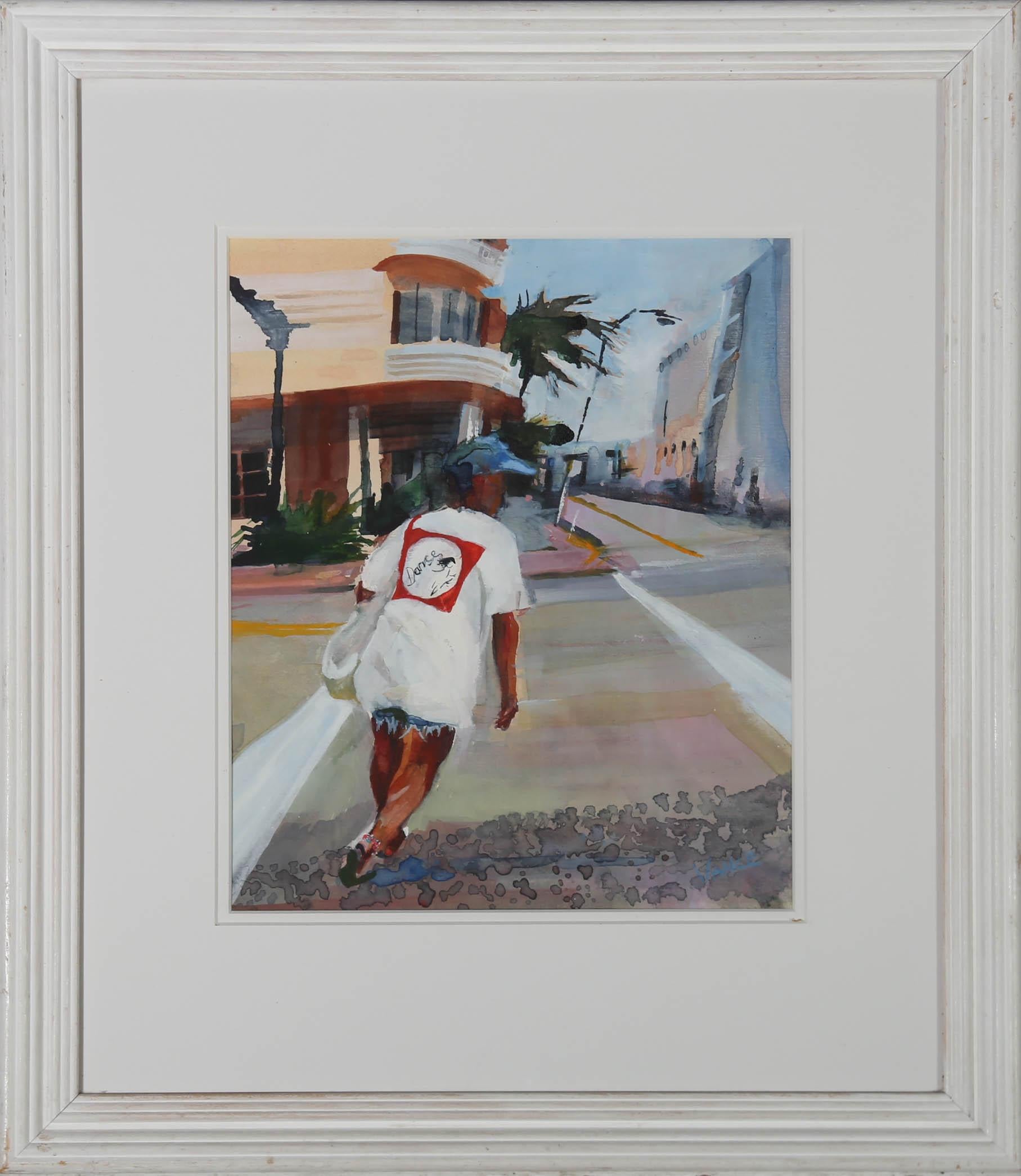 A fun, vibrant watercolour study depicting a senior citizen dressed in an oversized T-shirt, cropped shorts and ankle bracelets strolling the sidewalk of Miami. Exhibition to the reverse with artist name and title. Presented in a white painted