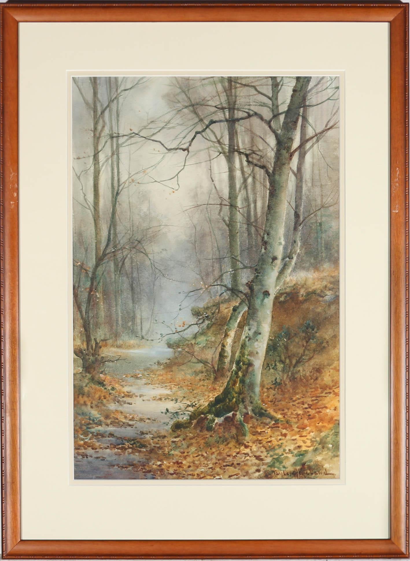 A fine watercolour study of a woodland dell, painted by British artist Thomas Ireland (fl.1880-1927). Here Ireland has captured an atmospheric scene of winter birch weeping over a quiet stream. The painting is signed to the lower right-hand corner.