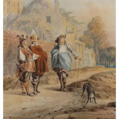 Framed Mid 19th Century Watercolour - Frenchmen in Conversation
