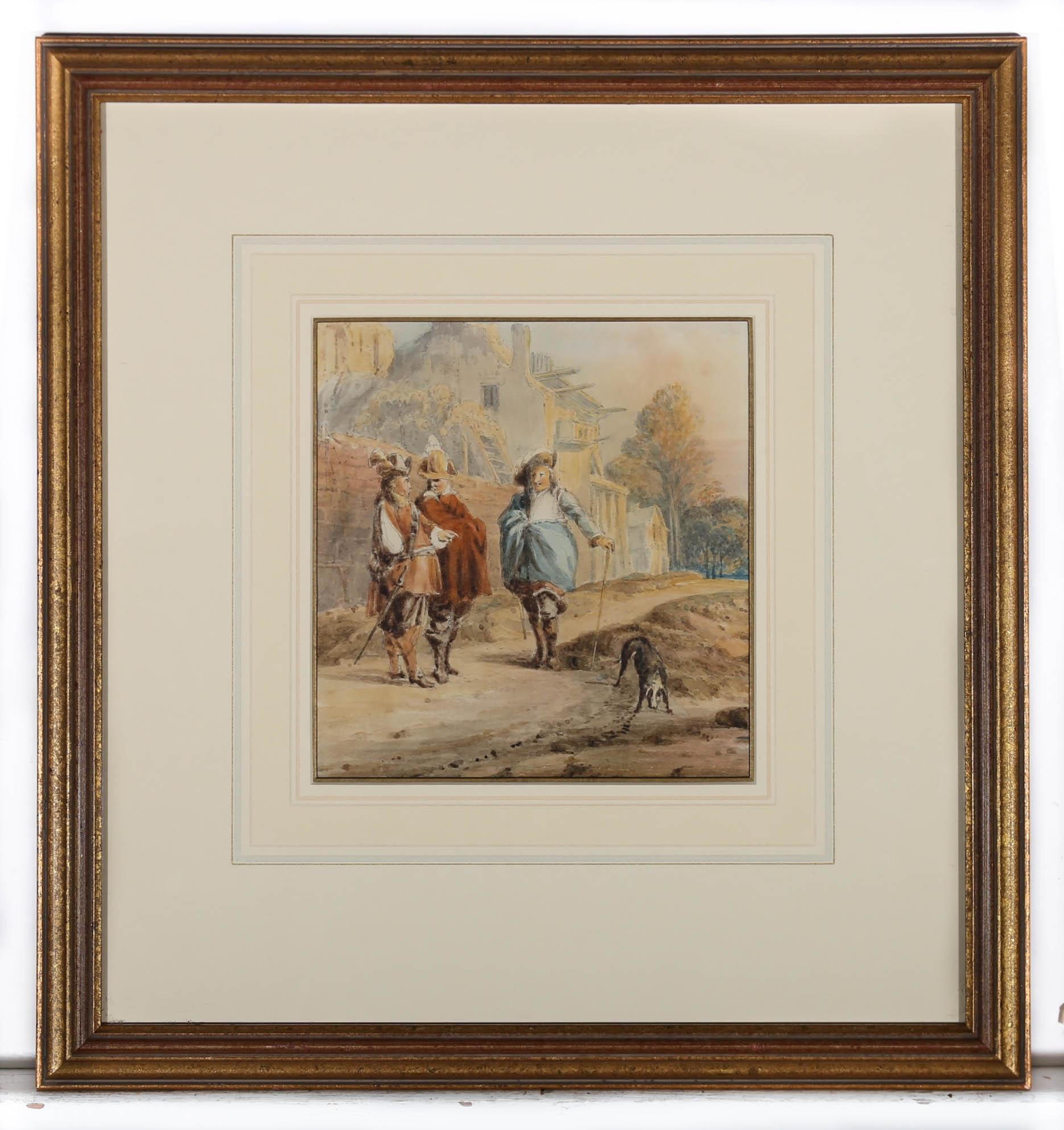 Gossip on the Street- This Mid 19th century watercolour depicts three boastful Frenchmen having a public natter in front of several french style houses. The artist has captured a dog to the lower right of the scene, with his nose to the ground,