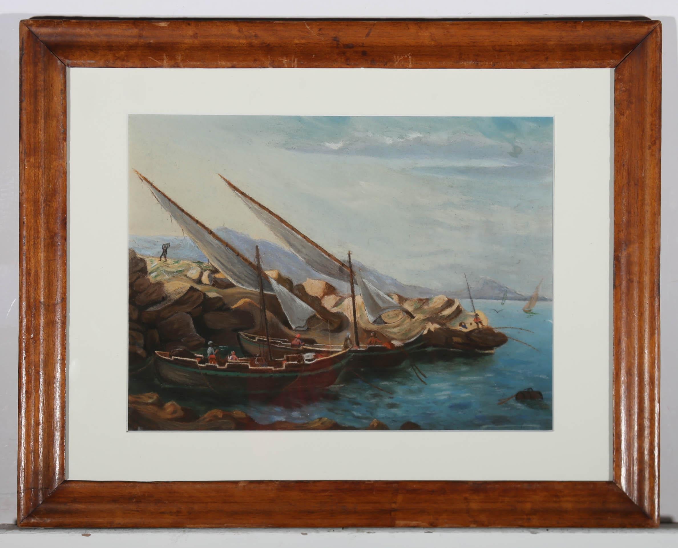 This charming seascape depicts several Italian fishermen, readying boats in a rocky quay. Well presented in a beautiful veneer maple frame with a crisp white mount. Indistinctly signed. On paper. 
