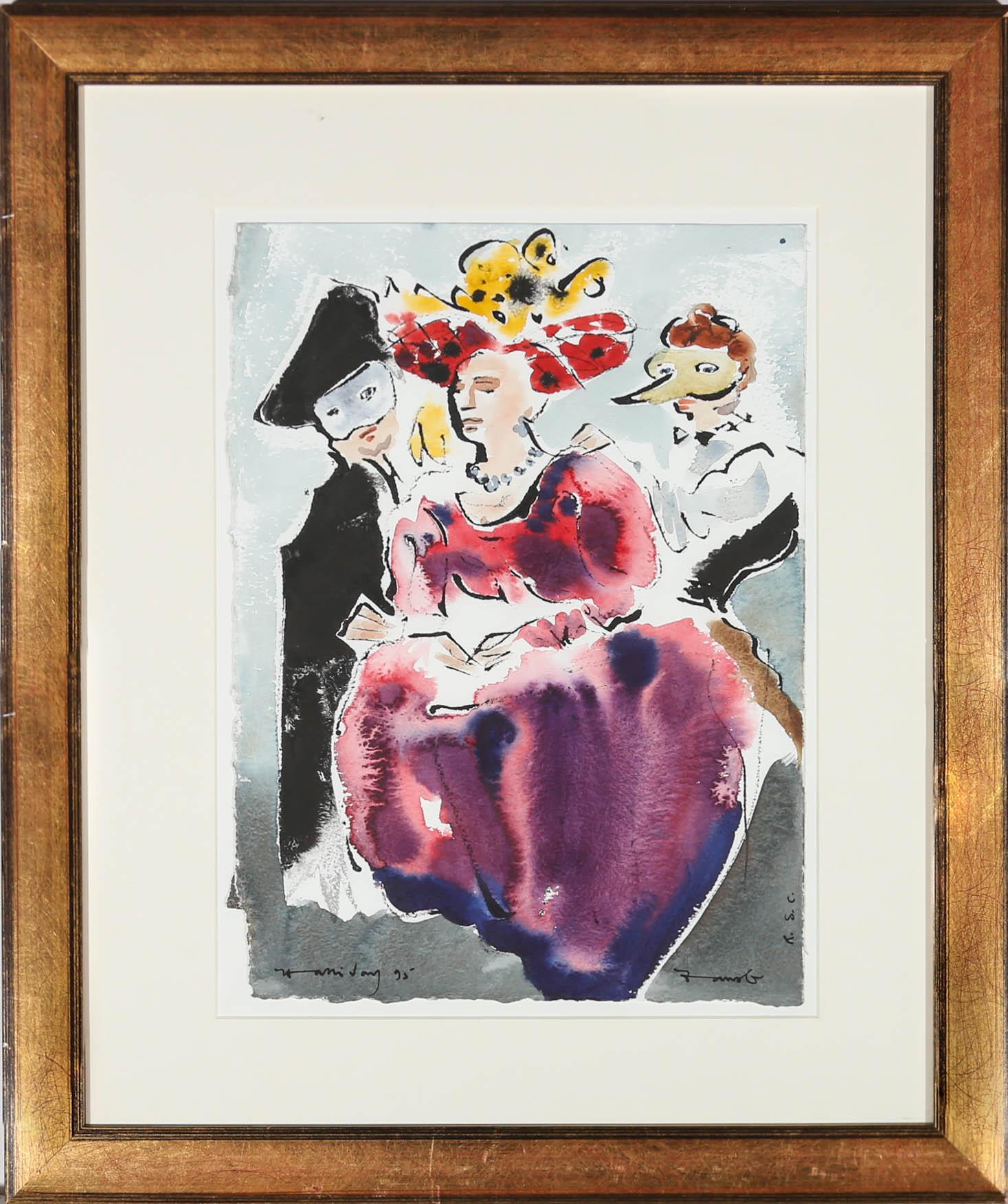 Unknown Figurative Art - Framed 1995 Watercolour - Best Dressed