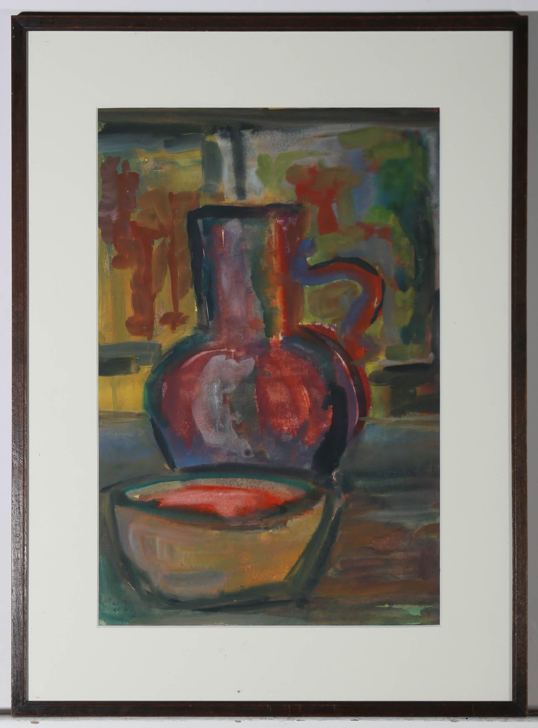 A striking still life scene depicting ceramic vessels in vibrant colours. Unsigned. Presented in a slim dark wooden frame. On paper.
