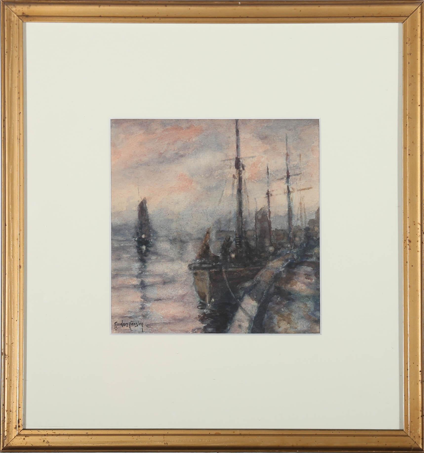 A charming scene depicting boats moored along the quay at sunset. The artist captures the scene in soft brushwork, letting the lightness of the watercolours create a tranquil and hazy atmosphere. Signed to the lower right. Presented in a gilt frame
