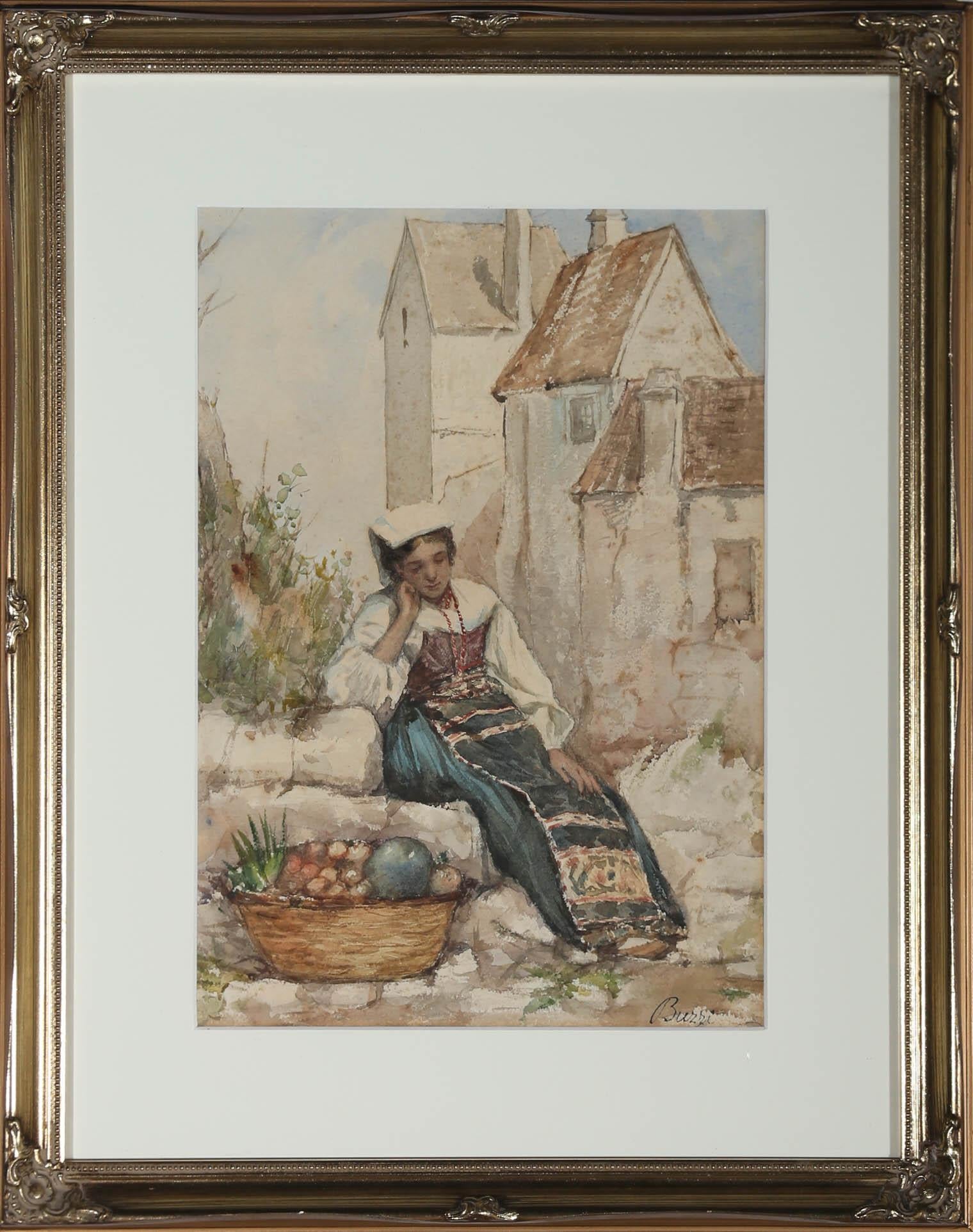A wonderful 19th century watercolor by Italian artist Achille Buzzi, depicting a woman resting on stone steps after an impressive morning harvest. The women has been caught in delicate detail, staring down at her full and heavy basket of homegrown