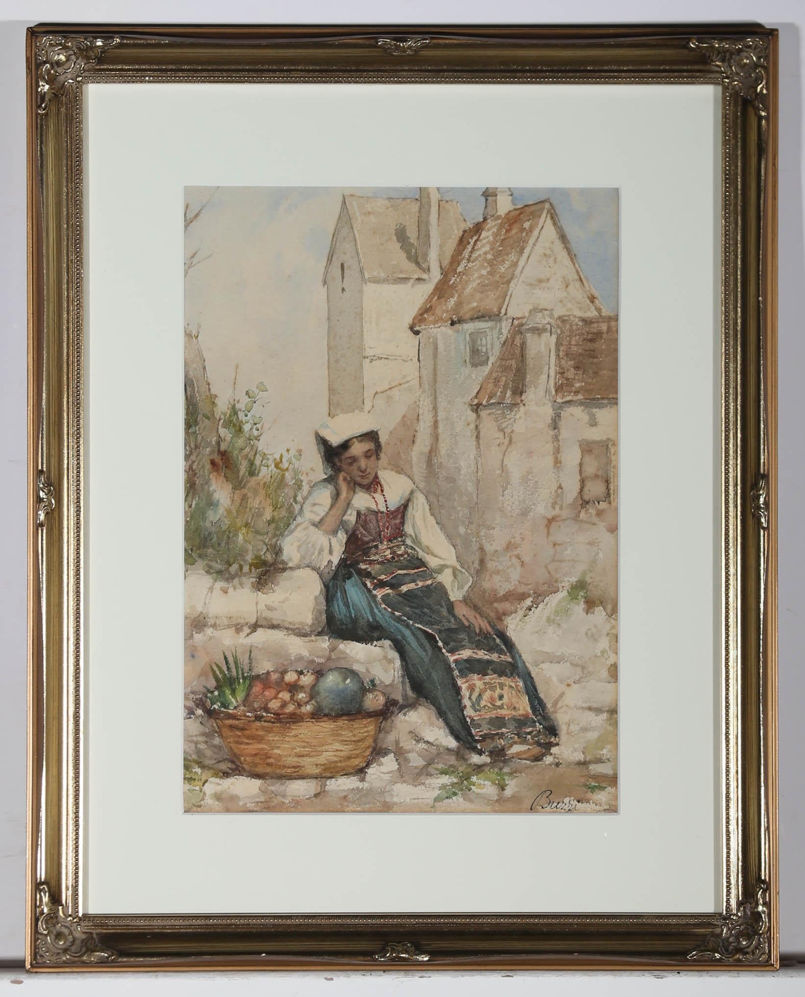 Achille Buzzi - Framed Italian School 19th Century Watercolour, A Moment's Rest For Sale 2