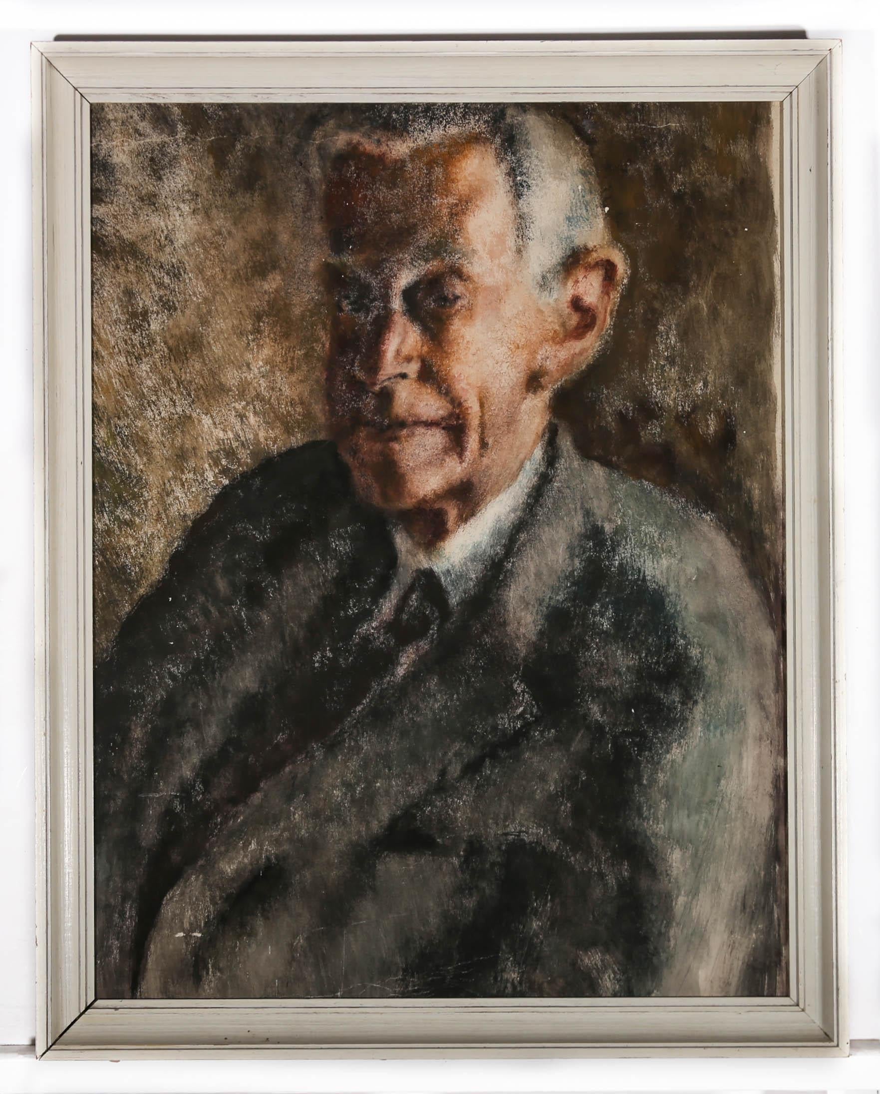A charming portrait of a gentleman wearing a suit. he is painted in Disher's signature dry brush technique giving the portrait a slightly hazy appearance. Unsigned. Presented in a white wooden frame. On board.
