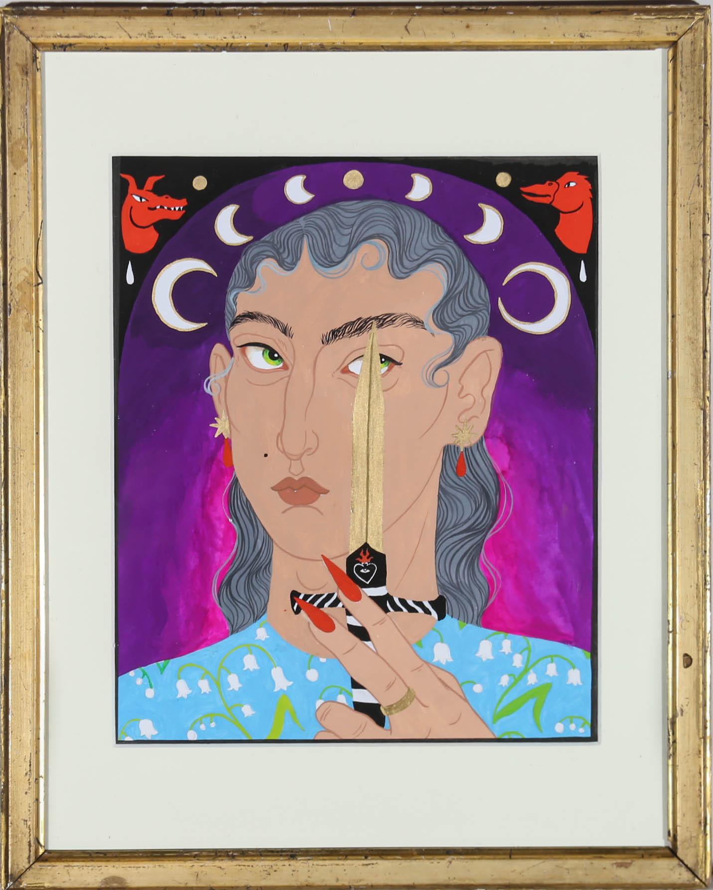 A striking contemporary gouache portrait, showing a beautiful woman, holding a golden dagger over her eye. The phases of the moon arc over her head with two mischievous demons in the upper corners. The artist has signed and dated to the reverse of