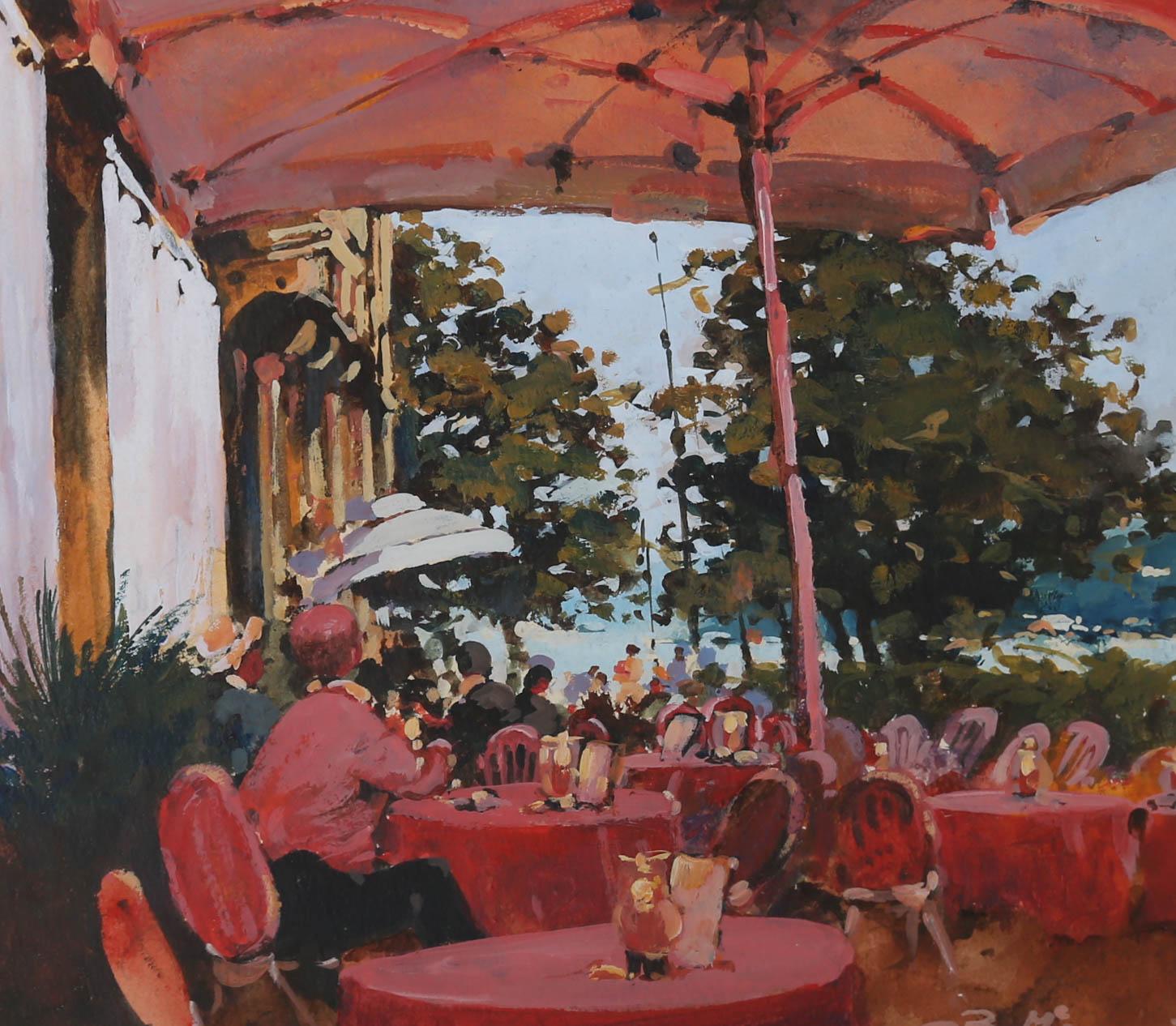 This colourful gouache by British artist Bernard McDonald (b.1944), depicts al fresco tables screened from the hot Italian sun. The restaurant's red furnishings fill the painting's foreground, with glimpses of the sea hinted through ruffled green