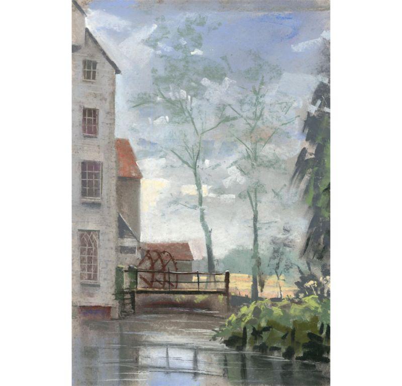 A wonderful impressionistic scene of an old water mill and bridge by 20th century artist, Christopher John Assheton Stones (1947-1999). Signed in pastel to the lower right. On paper laid to board. 
