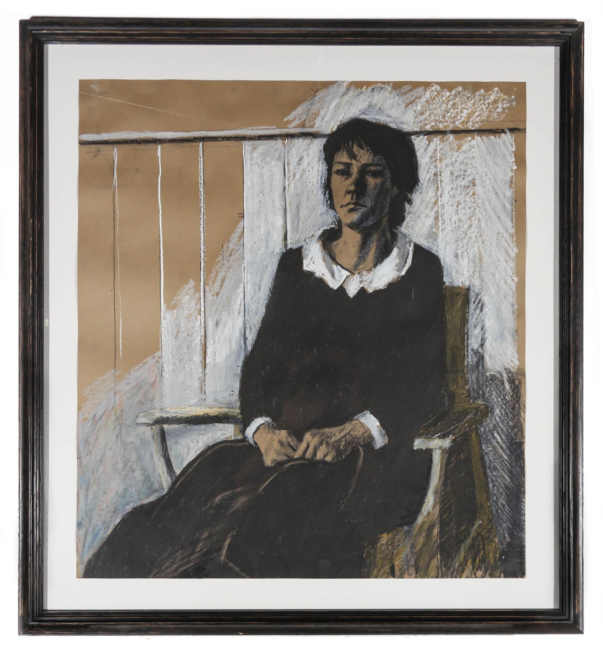 Captured in charcoal and chalk, this striking portrait depicts a woman seated in a chair wearing a black dress. The artist shows shadows drawing across the woman's face and she somberly gazes into the distance. The sketched background juxtaposes the