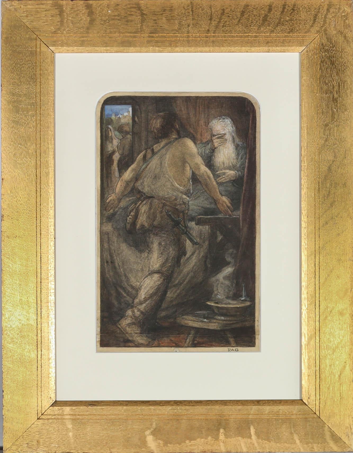A striking, unidentified Biblical scene in pencil and watercolour, showing a man with a dagger in his sheath at his side, aggressively approaching an older man who hides his face. A bowl of frankincense burns to the right and in the background an