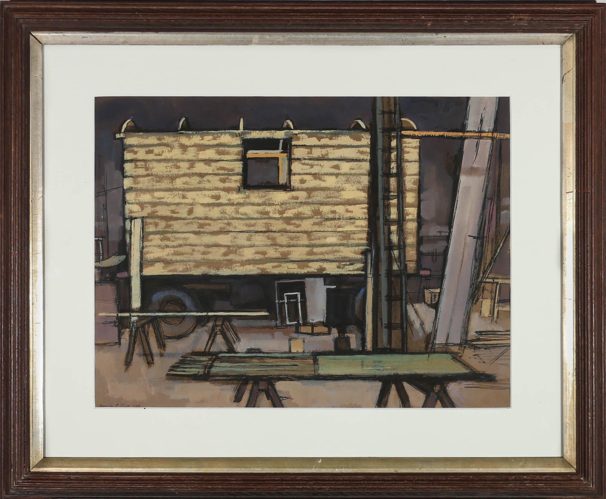 A fun depiction of a shepherds hut in progress, by experimental artist Douglas Pittuck (1911-1993). The painting has been signed and dated to the lower left-hand corner. Well presented in a crisp white mount and rustic wood frame. On paper. 
