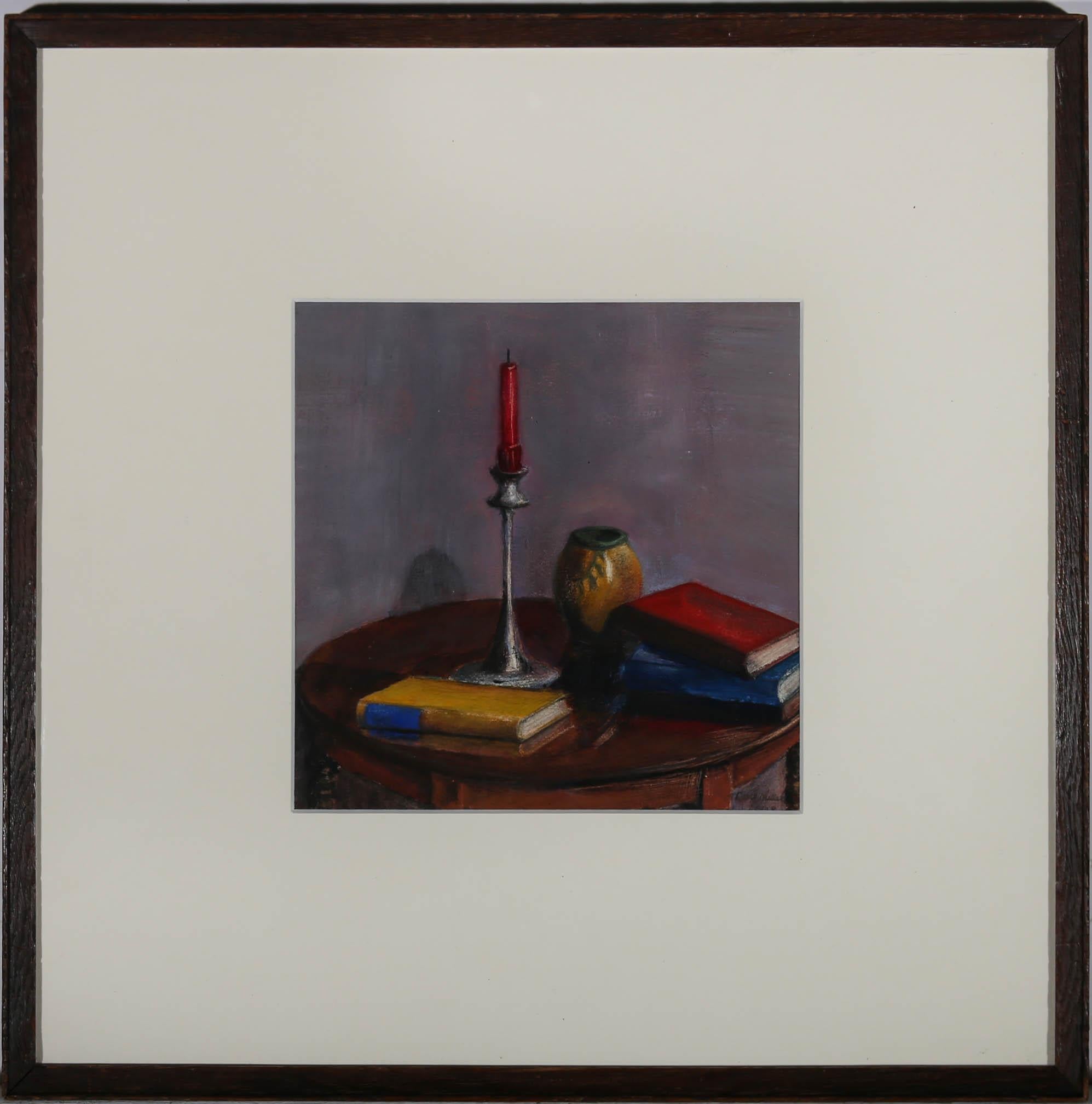 Colourful books, a candlestick and vase have been collectively portrayed by artist Drew Miller, in this striking still life study. Signed and dated to the lower right. The elegant scene has been beautifully presented in a complimenting white mount
