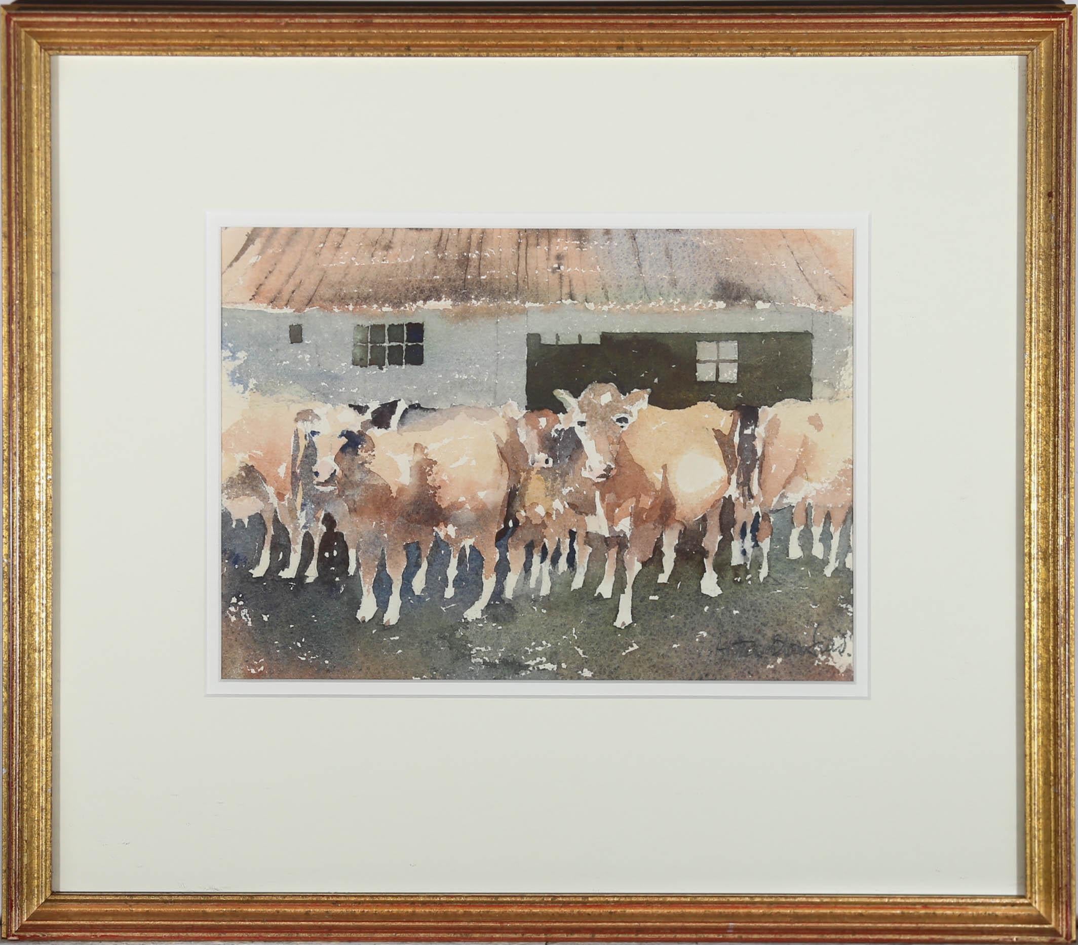 This delightful watercolour by Anthony Bloomfield, depicts a happy herd of cows gathered in a muddy yard. The artist has signed in graphite to the lower right. With the farming scene attractively mounted in a slim gilt frame. On watercolour paper. 