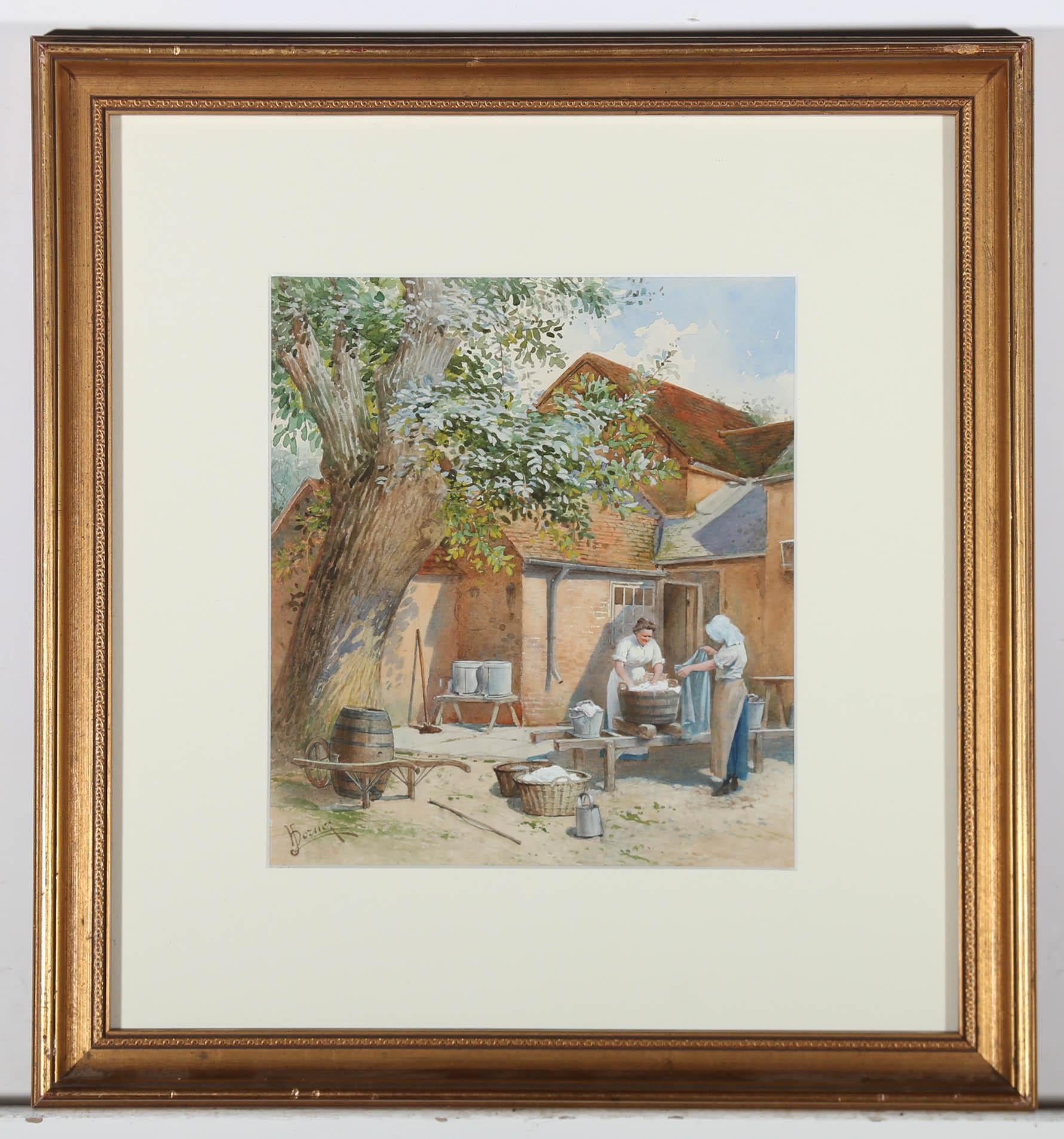 Caught in fine watercolour, is this late 19th century study of two maids washing sheets in the warm summer sun. The artist has illegibly signed to the lower left and the genre scene has been beautifully mounted in a smart gilt-effect frame with a