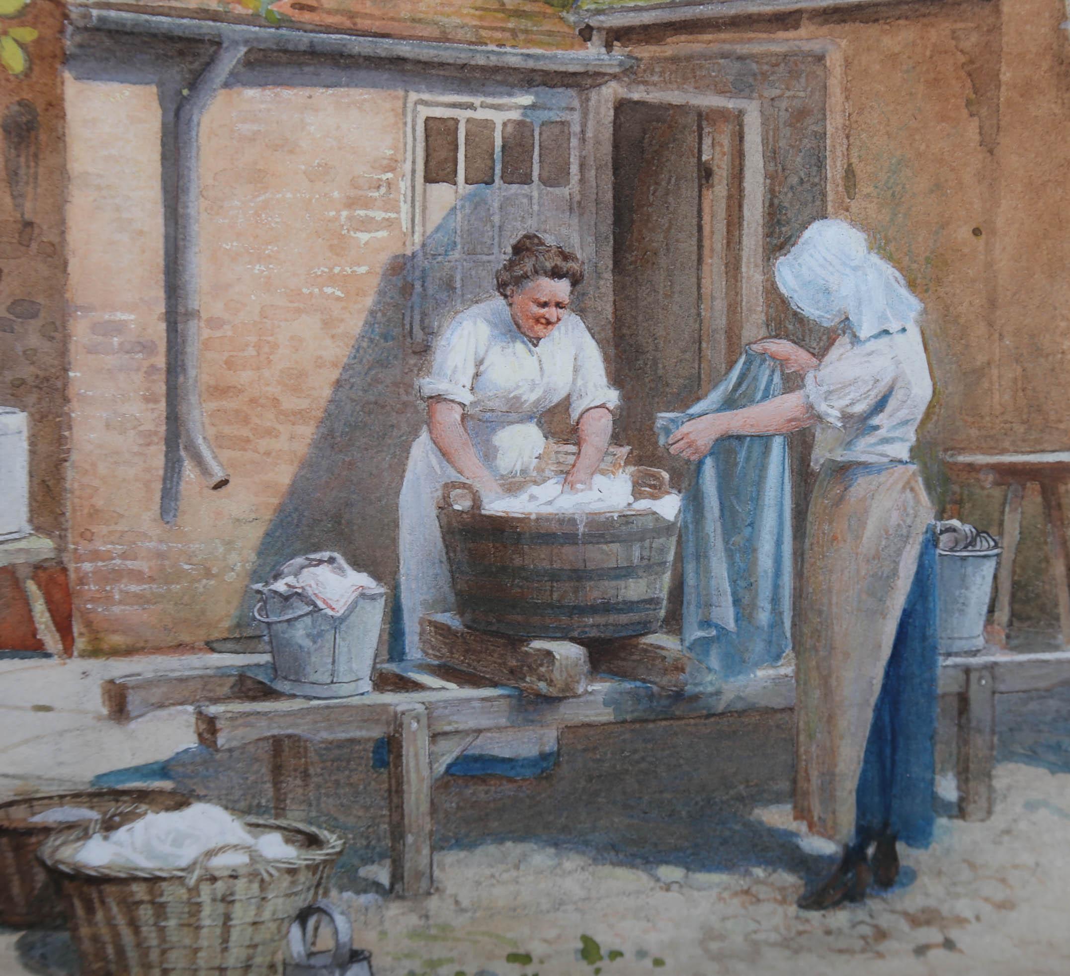 Framed Late 19th Century Watercolour - Wash Day For Sale 2