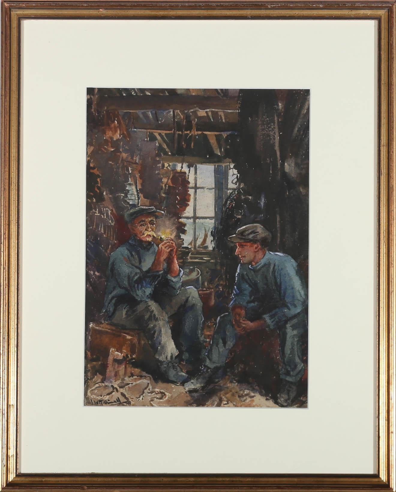 A delightful watercolour depicting two fishermen relaxing in a seaside cabin after a day at sea. The elder of the two lights his pipe and the younger man looks on. Well presented in a gilt effect frame. Signed. On watercolour paper.