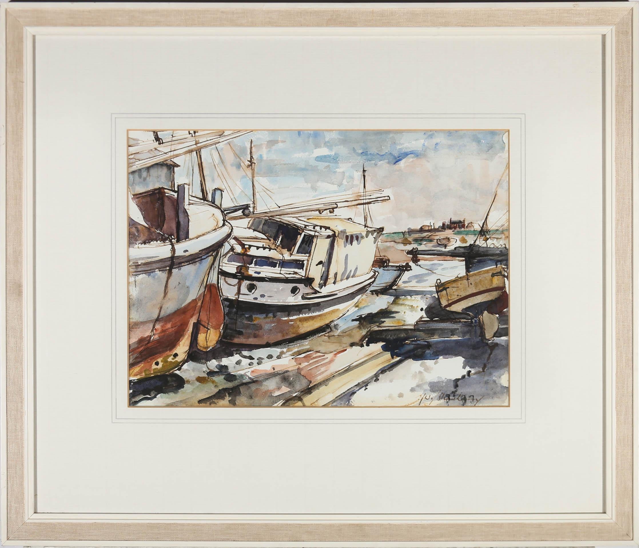 Unknown Figurative Art - 20th Century Watercolour - Boats At Low Tide