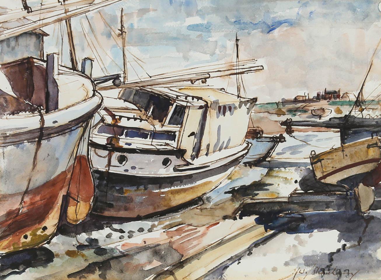 20th Century Watercolour - Boats At Low Tide - Art by Unknown