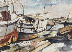 20th Century Watercolour - Boats At Low Tide