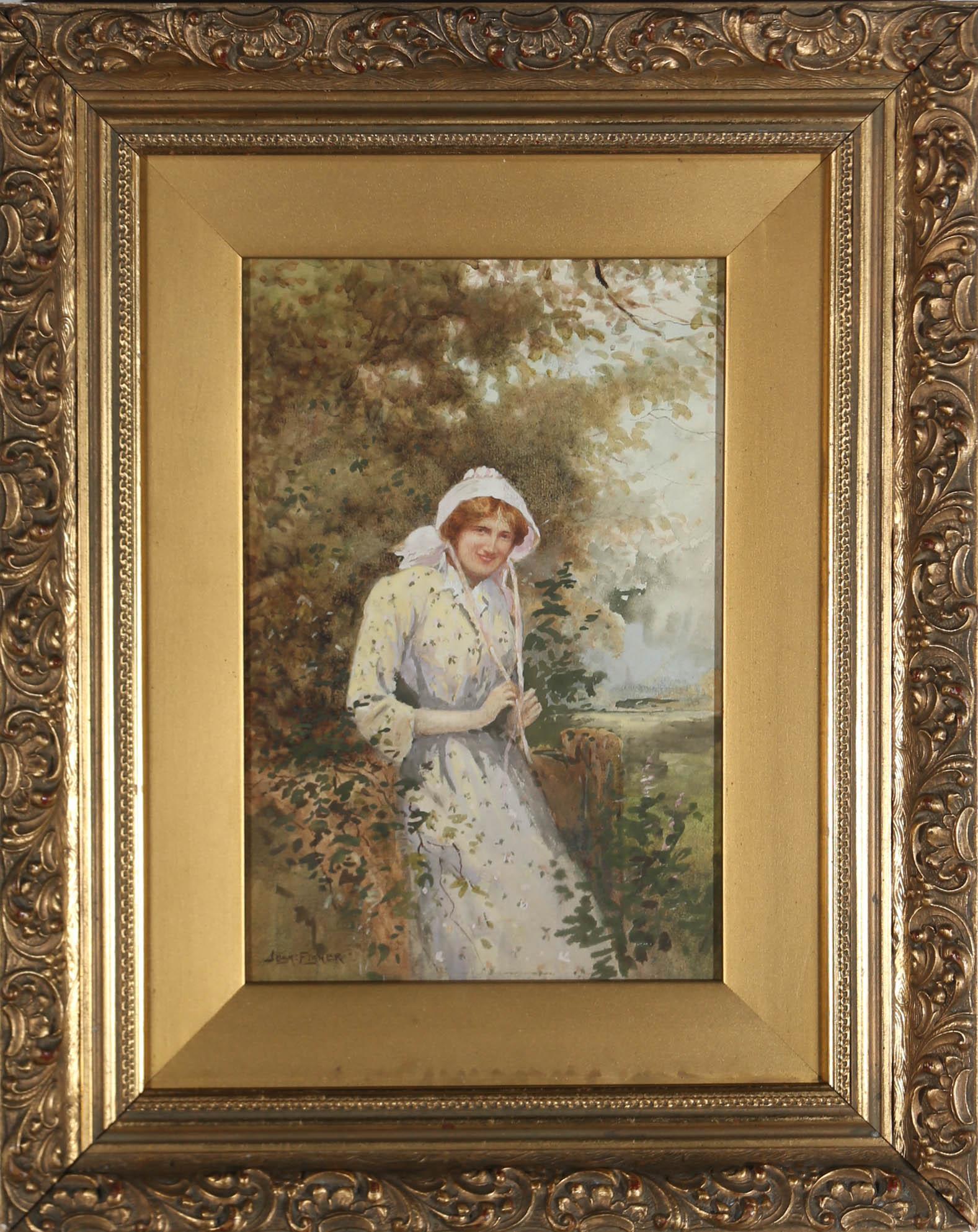 A charming scene depicting a woman seated on a wooden fence in the summer garden. Signed to the lower right. Presented in a gilt frame with acanthus details . On paper.