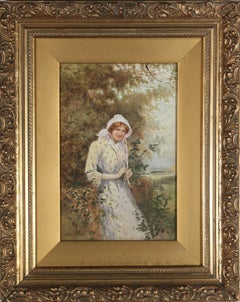 Joshua Fisher (1859-1930) – Aquarell des 19. Jahrhunderts, Ein junges Mädchen von einem Zaun