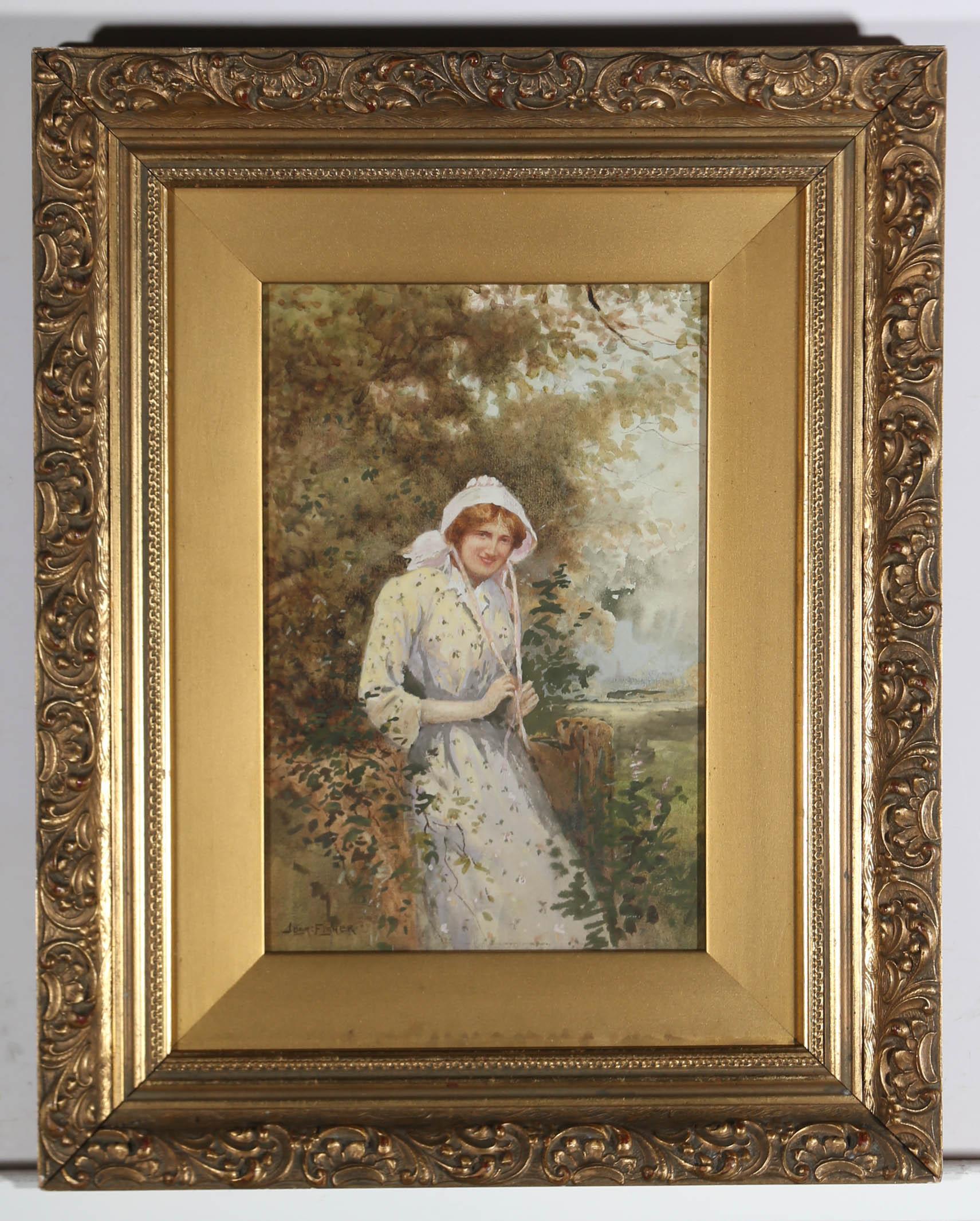 Joshua Fisher (1859-1930) - Acquerello del XIX secolo, Una ragazza vicino a un recinto in vendita 2