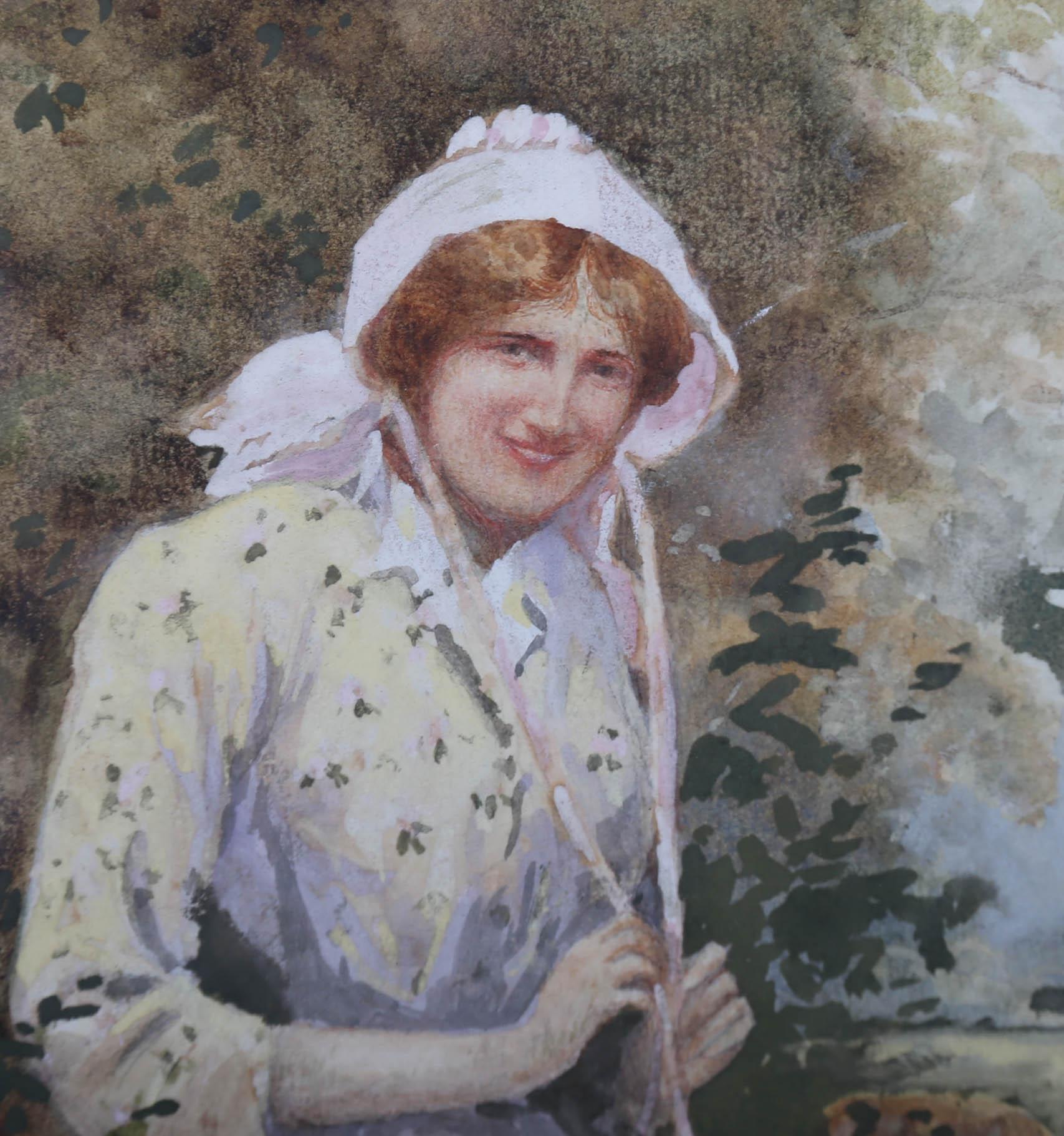 Joshua Fisher (1859-1930) - Acquerello del XIX secolo, Una ragazza vicino a un recinto in vendita 4