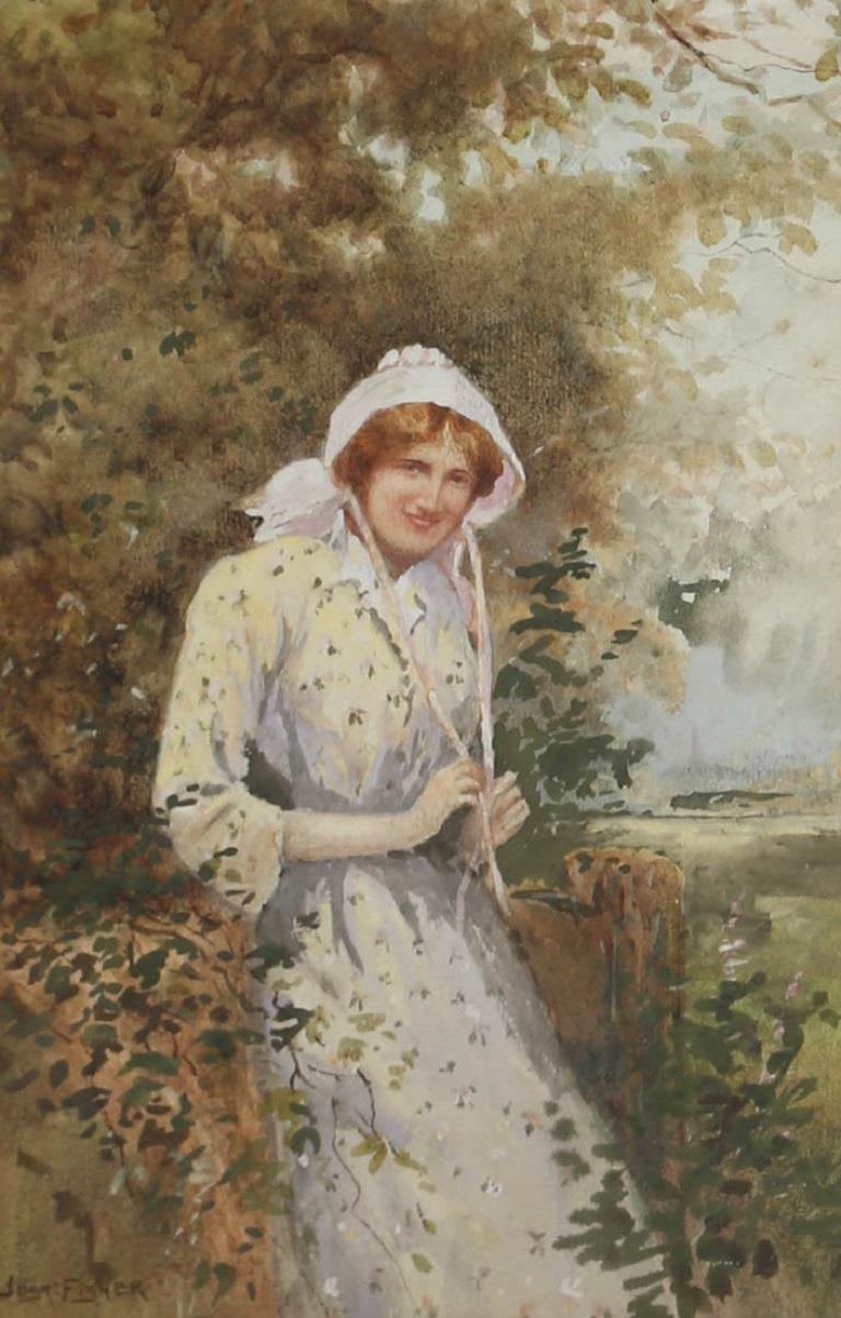 Joshua Fisher (1859-1930) - Acquerello del XIX secolo, Una ragazza vicino a un recinto in vendita 1