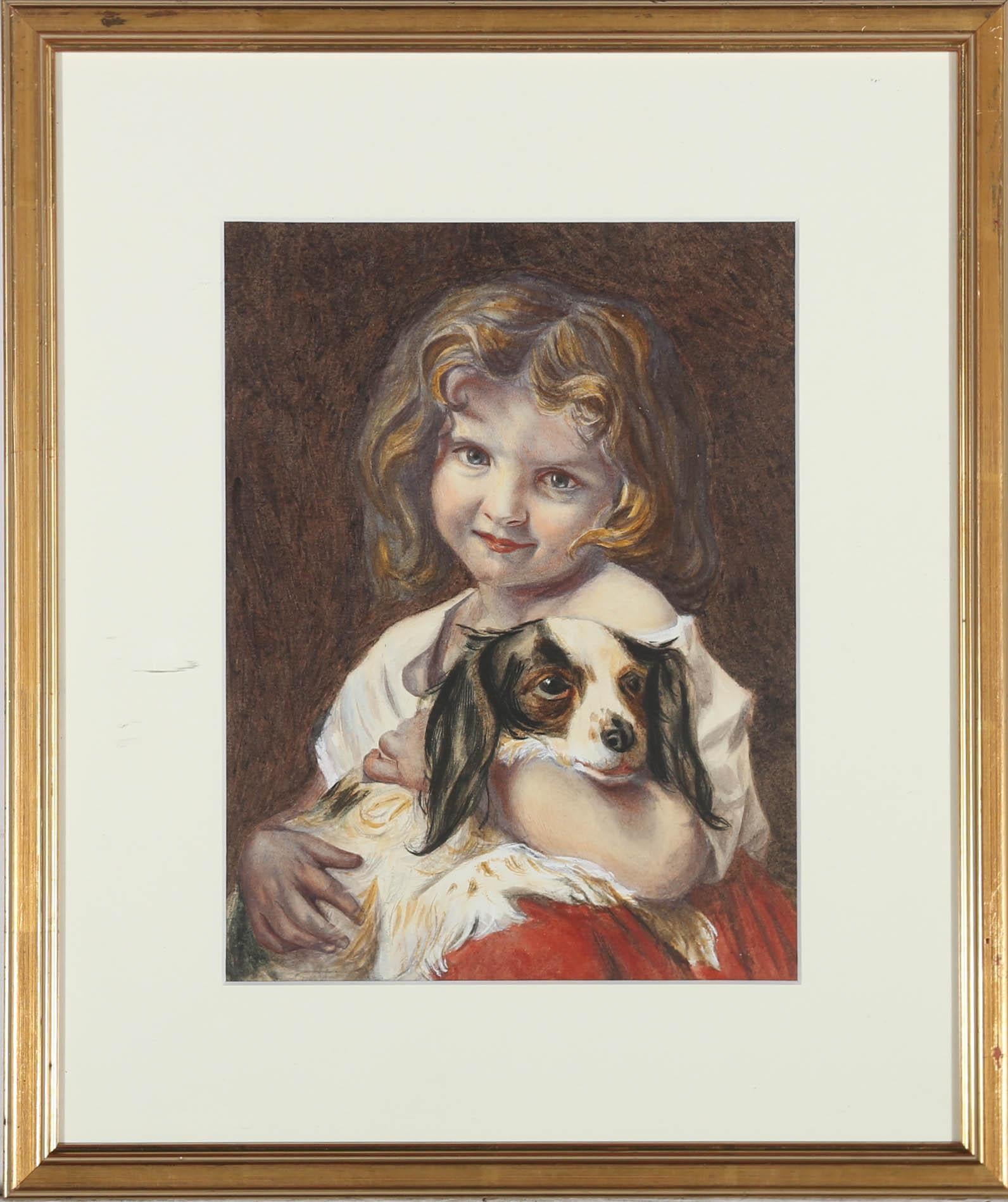 Unknown Portrait - 20th Century Watercolour - Little Girl with Spaniel