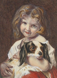 20th Century Watercolour - Little Girl with Spaniel