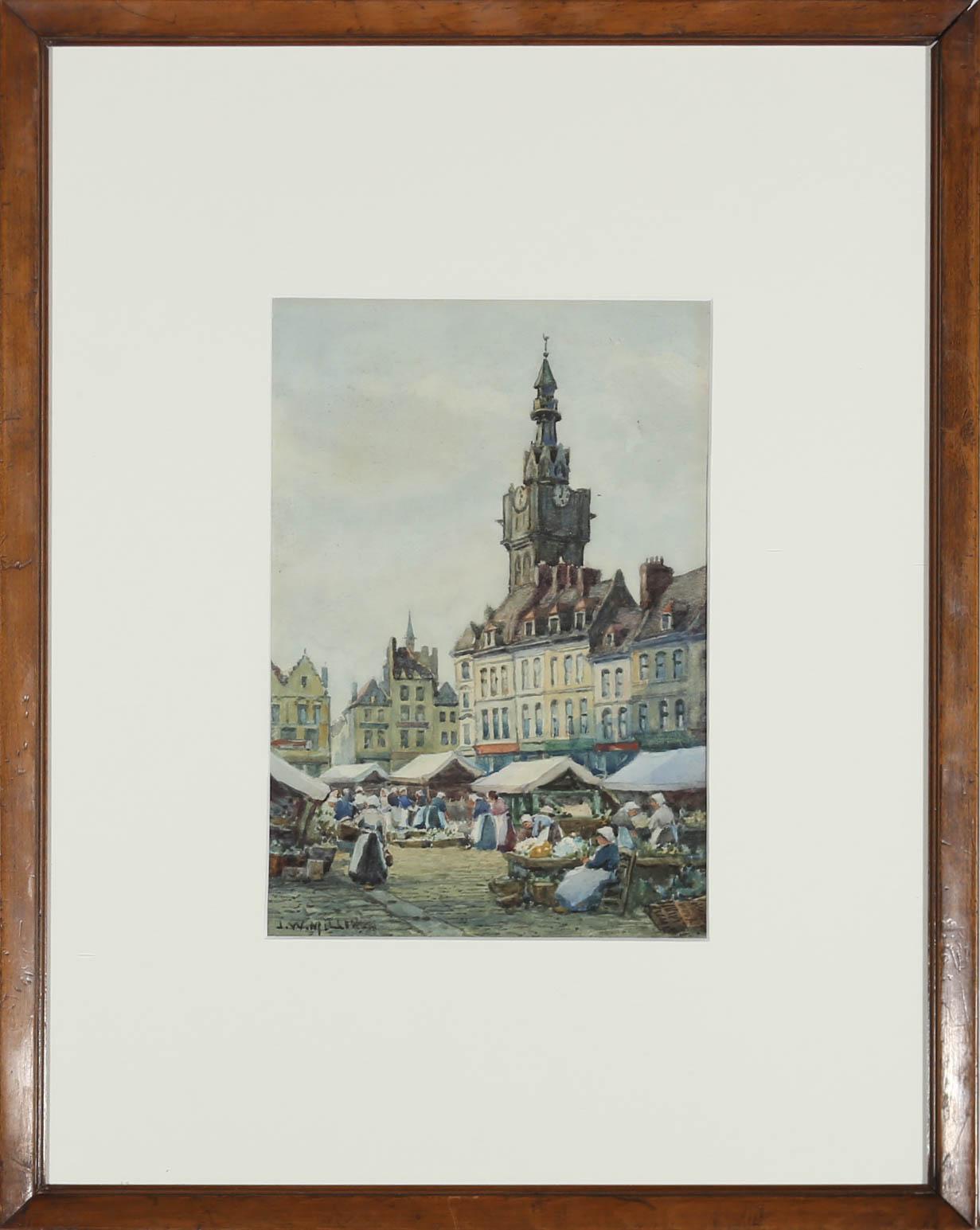 A delightful depiction a a busting market place in the town square of Bethune, France. Crowds of women buy and sell produce from market stalls in their aprons and bonnets. Signed and illegibly dated to the lower left. Presented in a simple oak