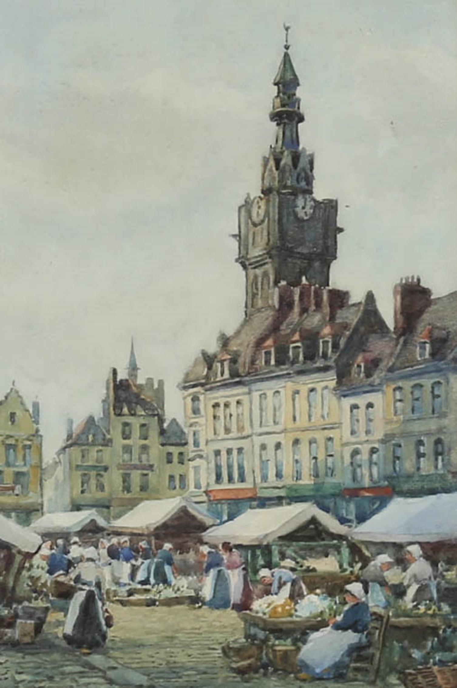 James W. Milliken (1865-1945) - Watercolour, Market Place, Bethune France For Sale 1