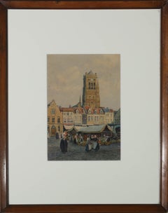 Antique James W. Milliken (1865-1945) - Watercolour, The Marketplace, Furnes Belgium