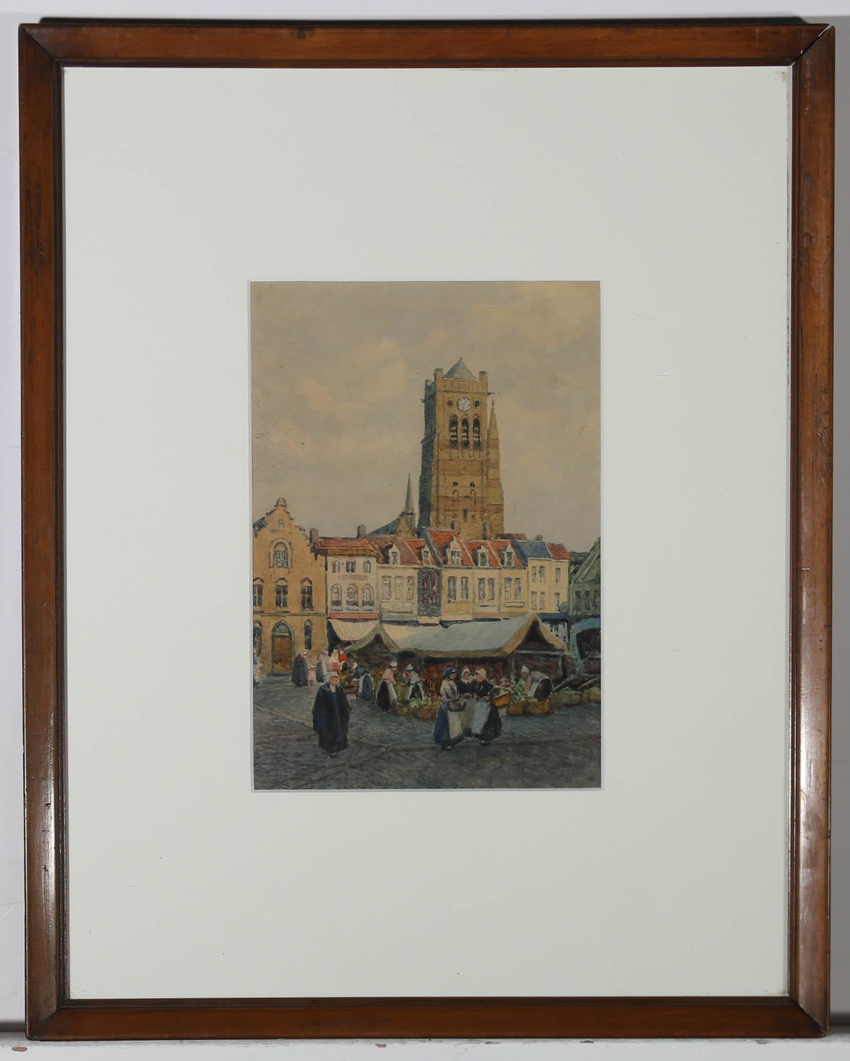 James W. Milliken (1865-1945) - Acuarela, El mercado, Furnes Bélgica en venta 2