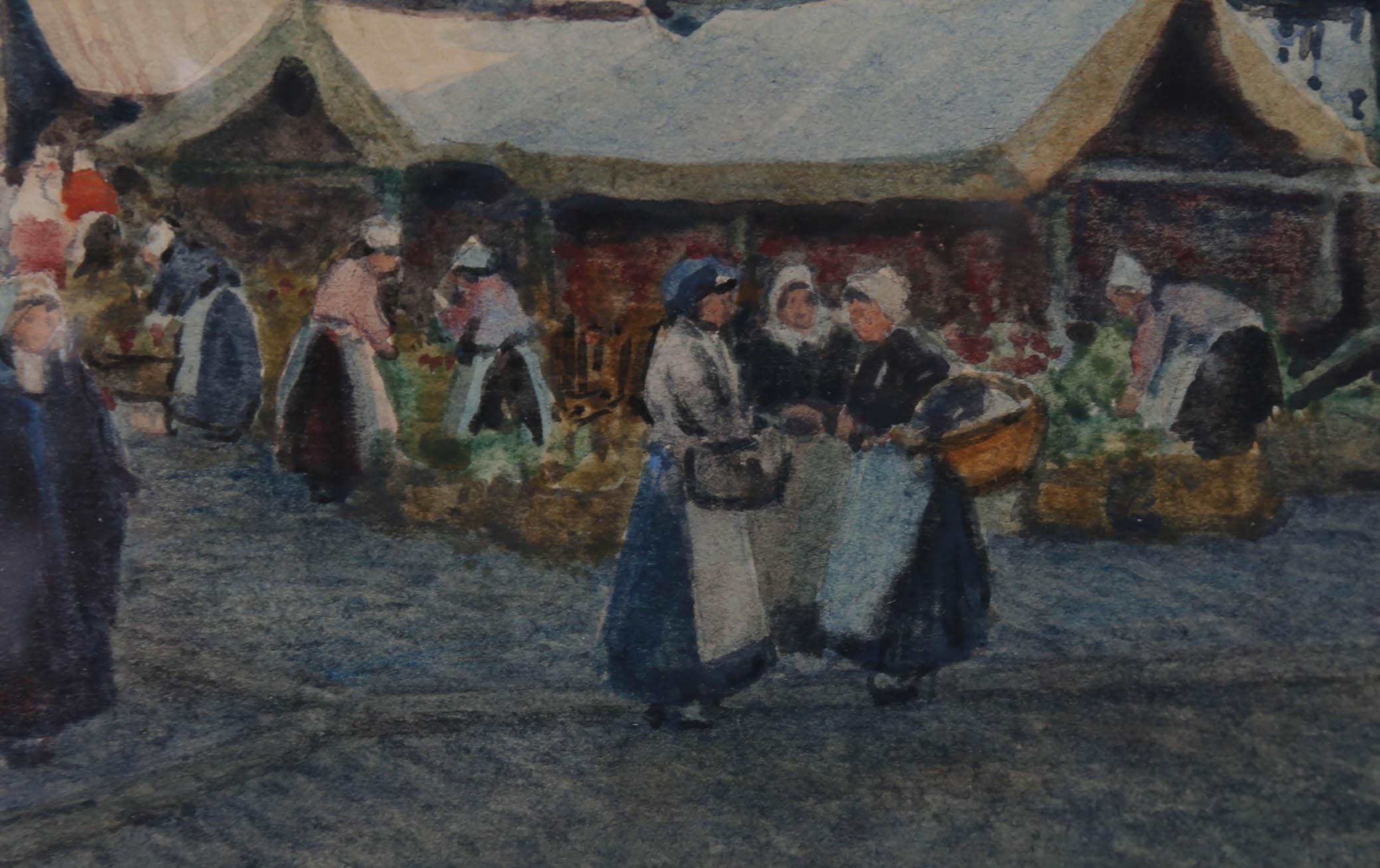 James W. Milliken (1865-1945) - Acuarela, El mercado, Furnes Bélgica en venta 4