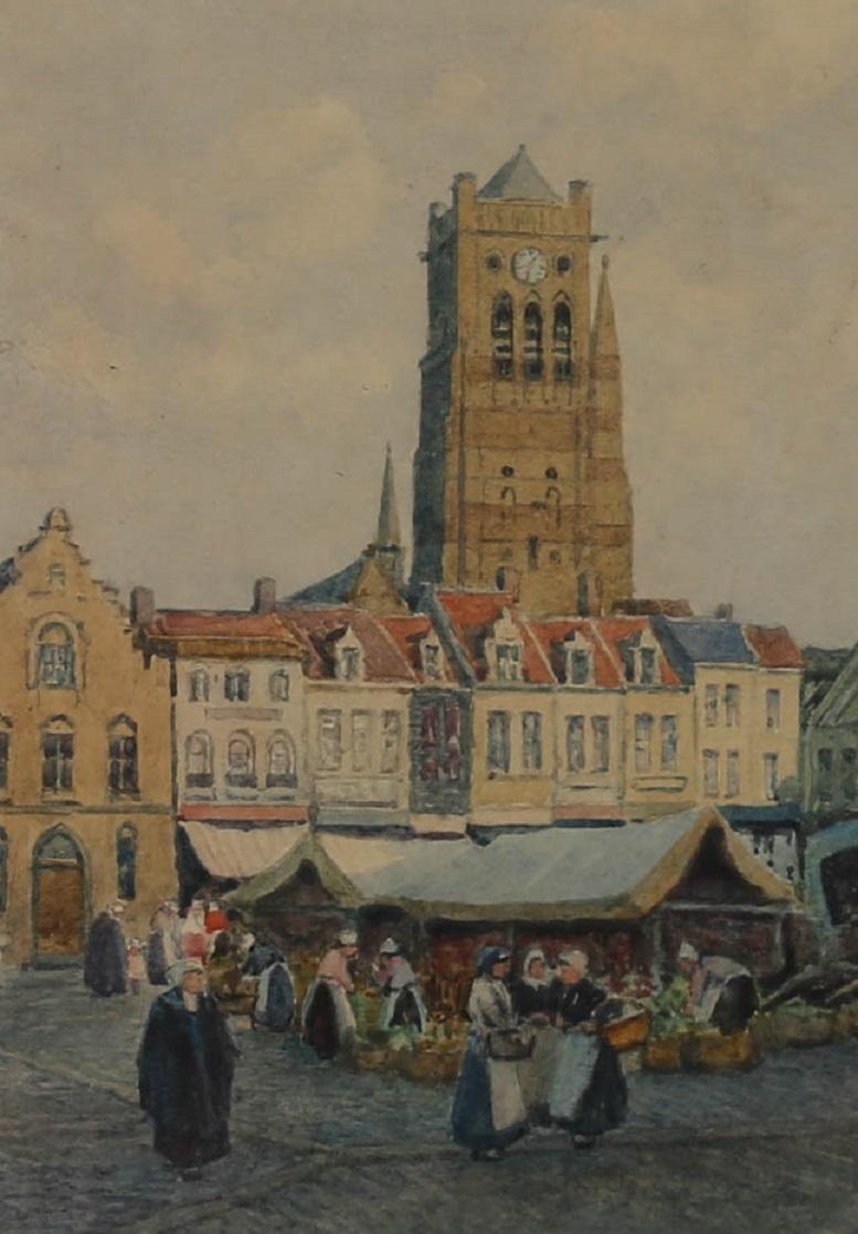 James W. Milliken (1865-1945) - Acuarela, El mercado, Furnes Bélgica en venta 1
