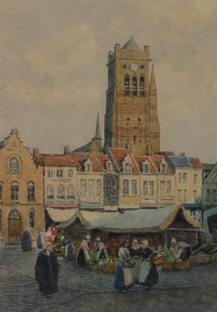 James W. Milliken (1865-1945) - Watercolour, The Marketplace, Furnes Belgium