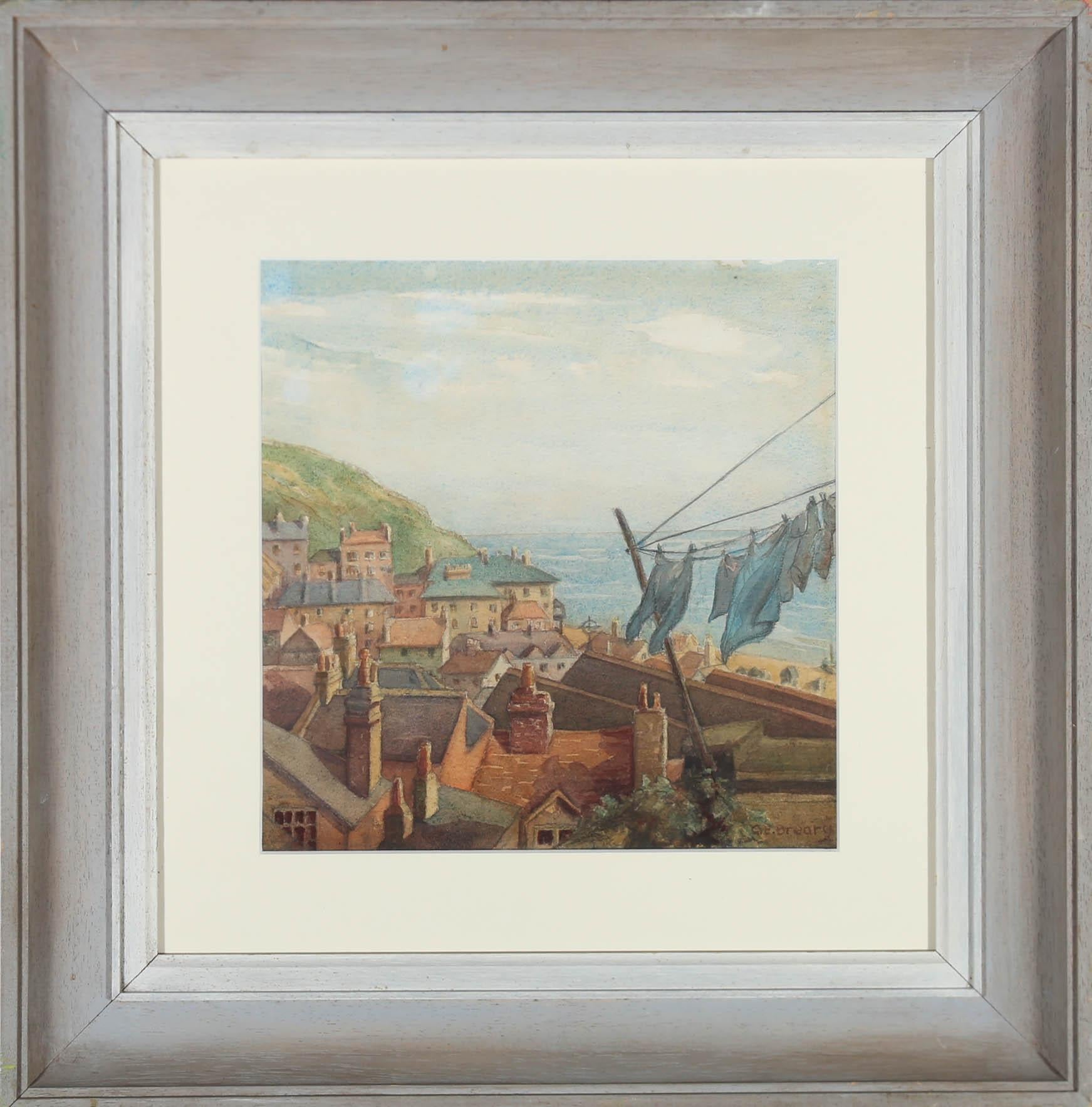 A wonderful mid-century watercolour depicting the rooftops of a coastal village. Washing is hanging out to dry in the breezy sea air and light clouds gather along the horizon. Well presented in a contemporary wood frame with a white mount. Signed.