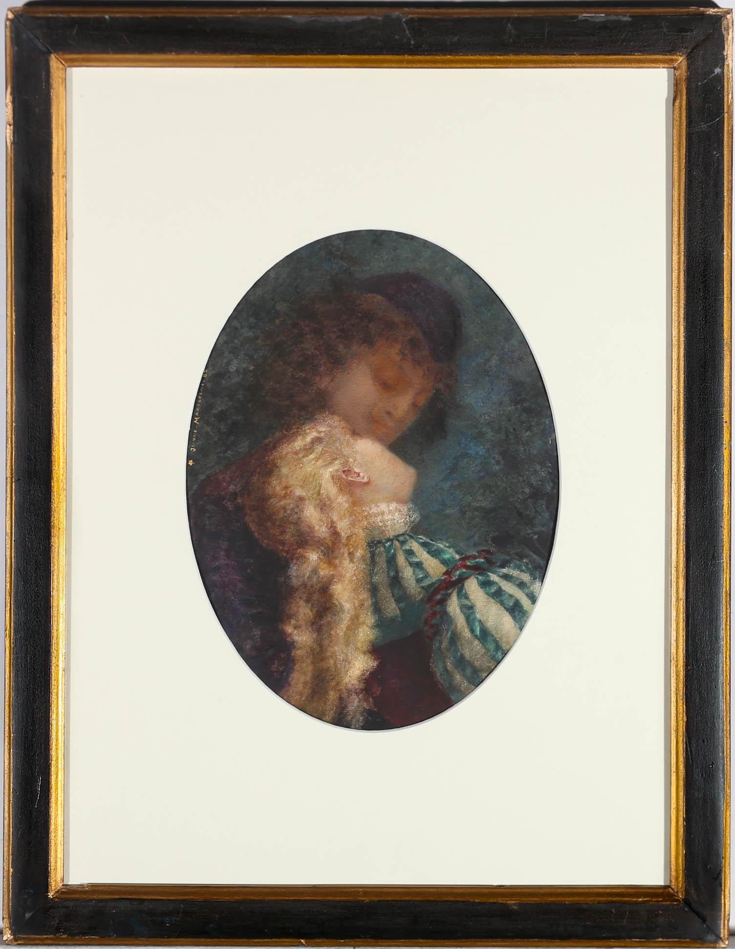 A romantic scene depicting a couple embracing under the shadow of trees. The woman is captured with her head tilted back, showing her striped dress and ruffled collar. Signed and dated to the upper left of the piece. Inscribed with title Sous Les